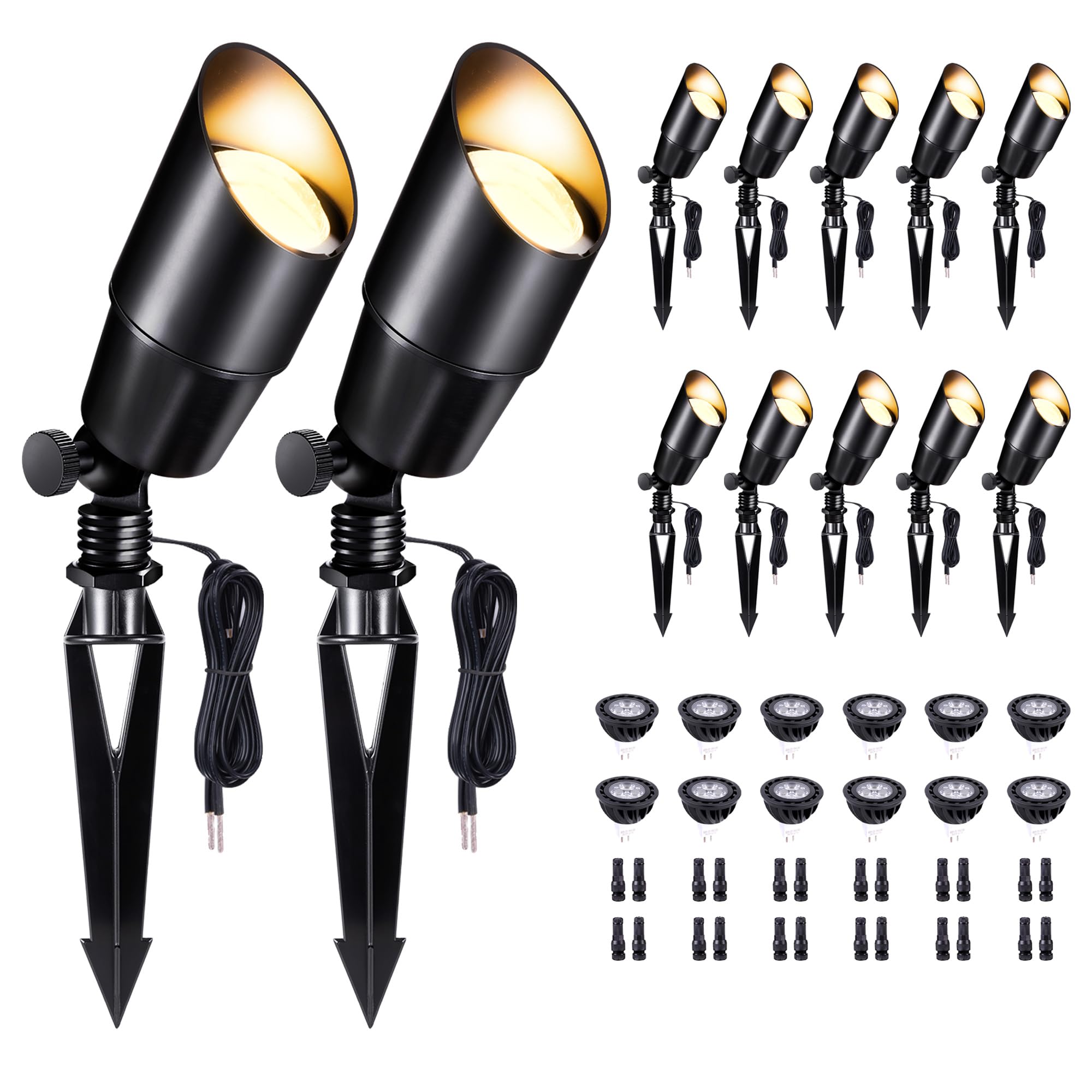 Varmtalys Black Outdoor LED Landscape Lights, 12V Low Voltage, Waterproof Aluminum, 5W MR16 Bulb, 12 Pack