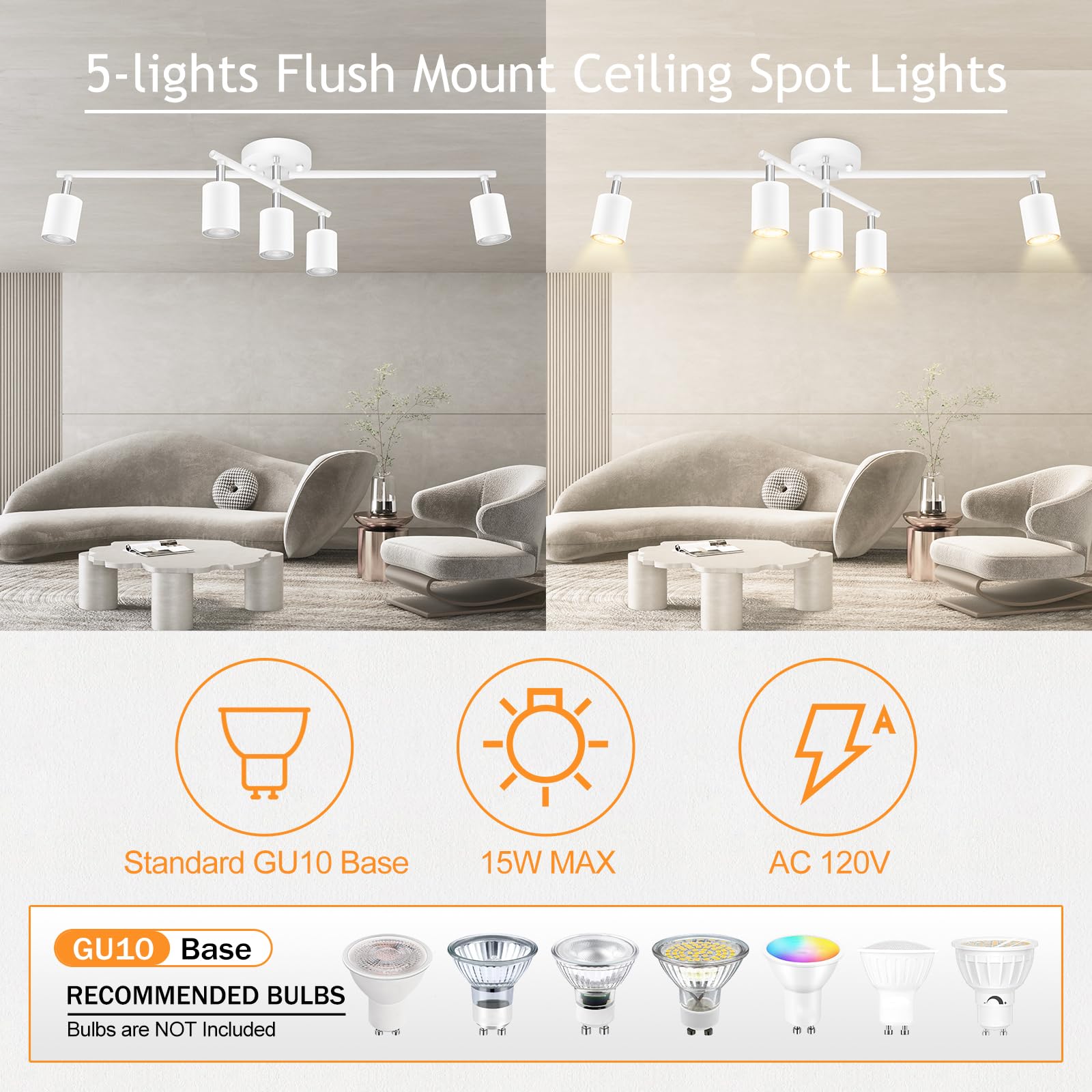 Boostarea 5 Light Track Lighting Kit, White 5 Way Ceiling Spot Lighting, Center Swivel Track Light Heads, Flexibly Rotatable Lig