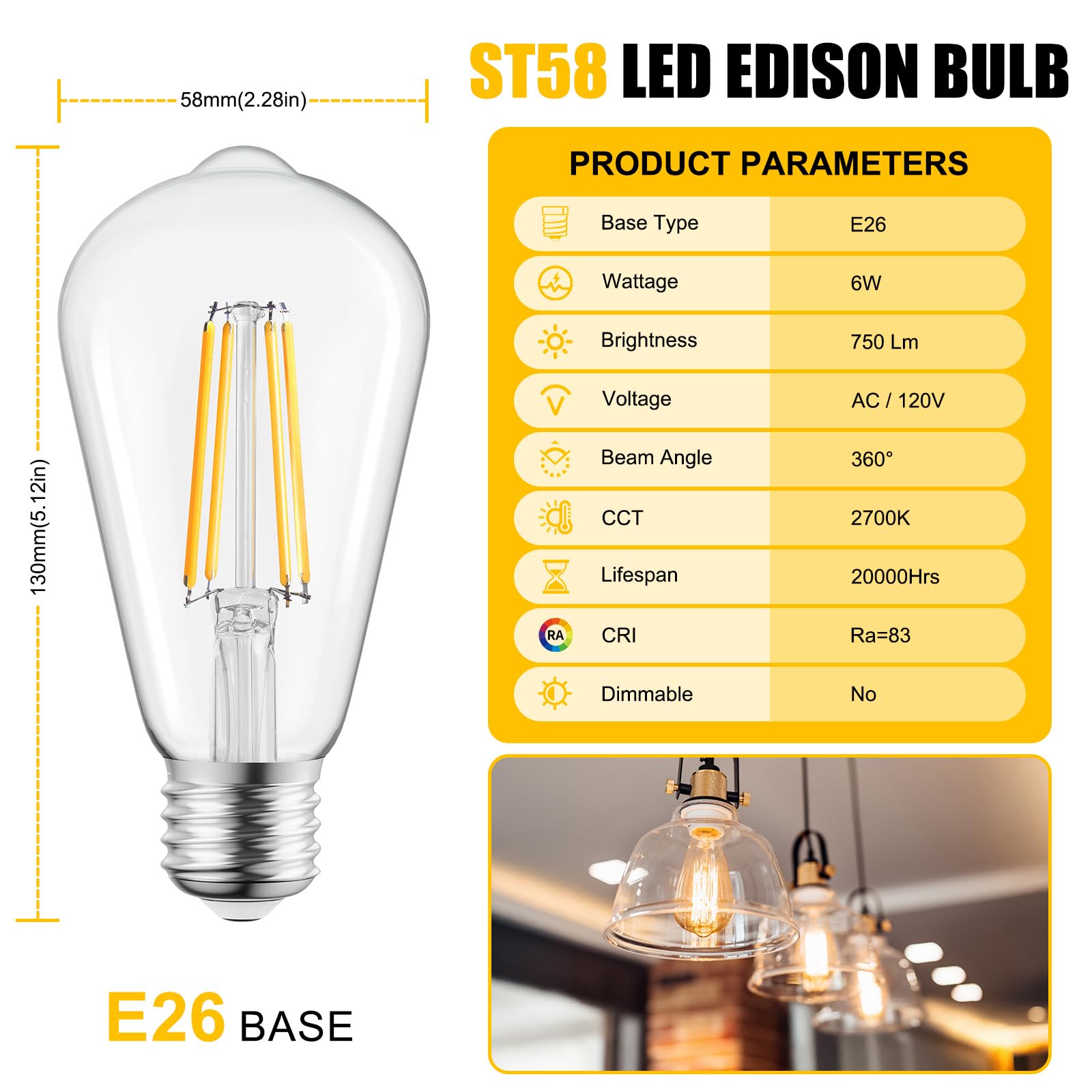 Brightown 12 Pack Led Edison Bulbs, 6W, Equivalent 60W, High Bright 2700K Warm White,750 Lumens, Non-Dimmable, E26 Medium Base S