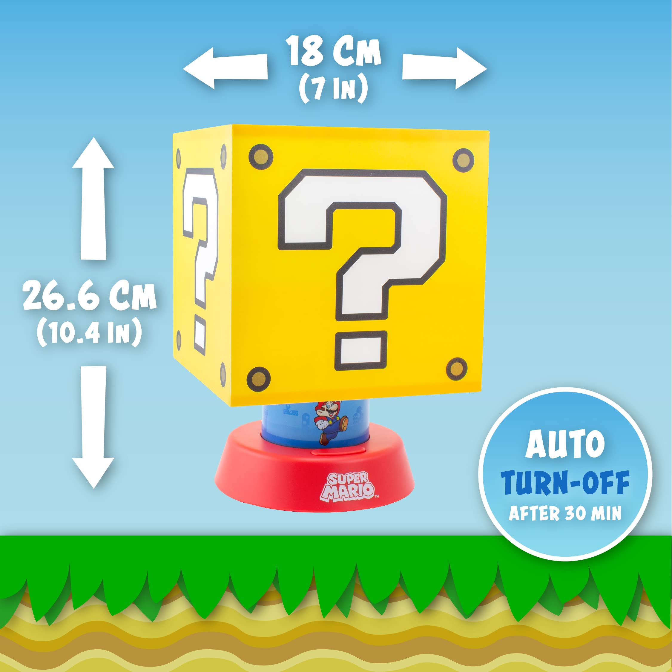 Paladone Super Mario Icon Lamp - 3 Brightness Settings, Auto Shut Off, Yellow, Model PP9318NN, Plastic Bedside Decor for Kids