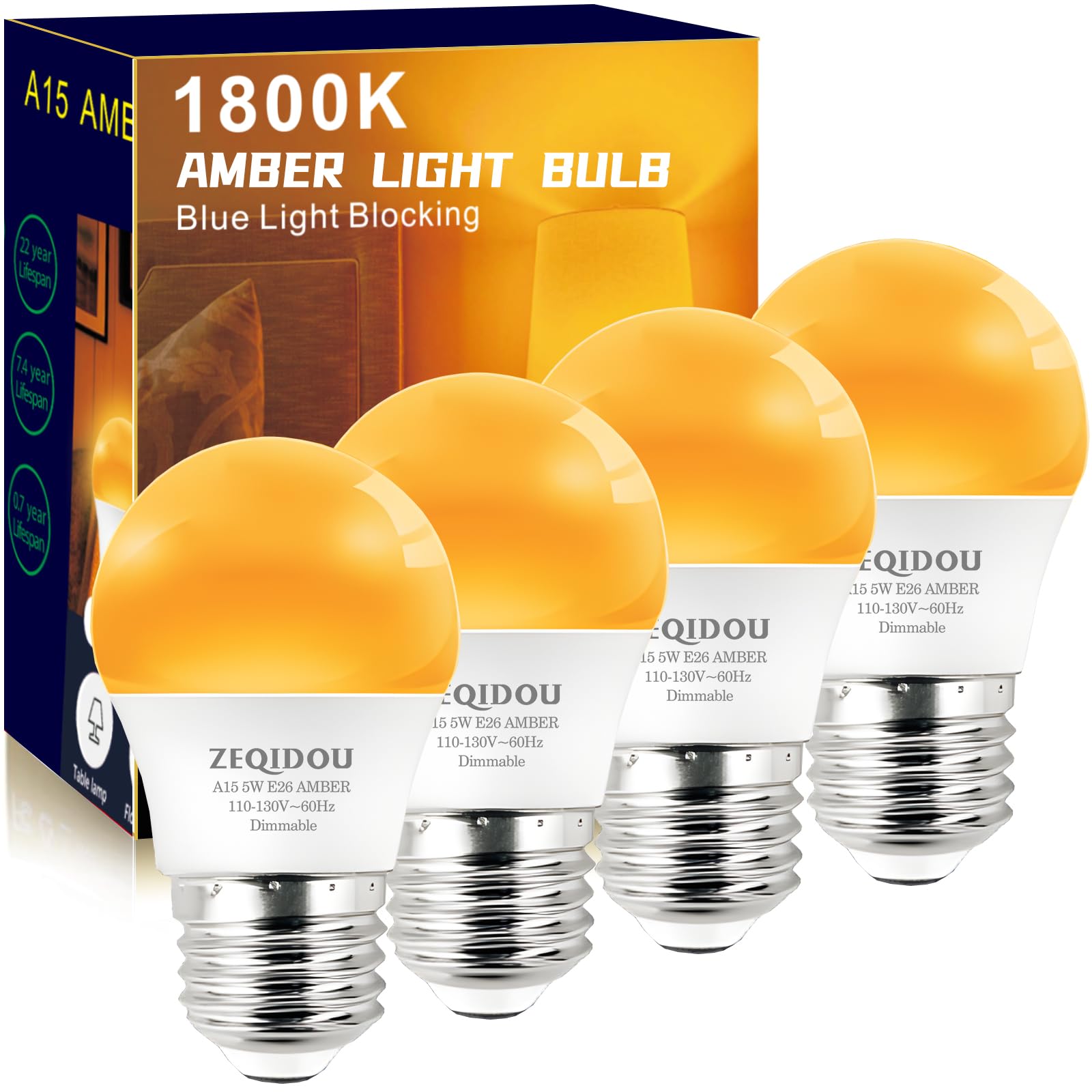 Zeqidou Amber Sleep Light Bulbs Dimmable, Blue Light Blocking, A15 E26 5W(40 Watt Equivalent) Dim Light Bulb,1800K Warm Light Bu