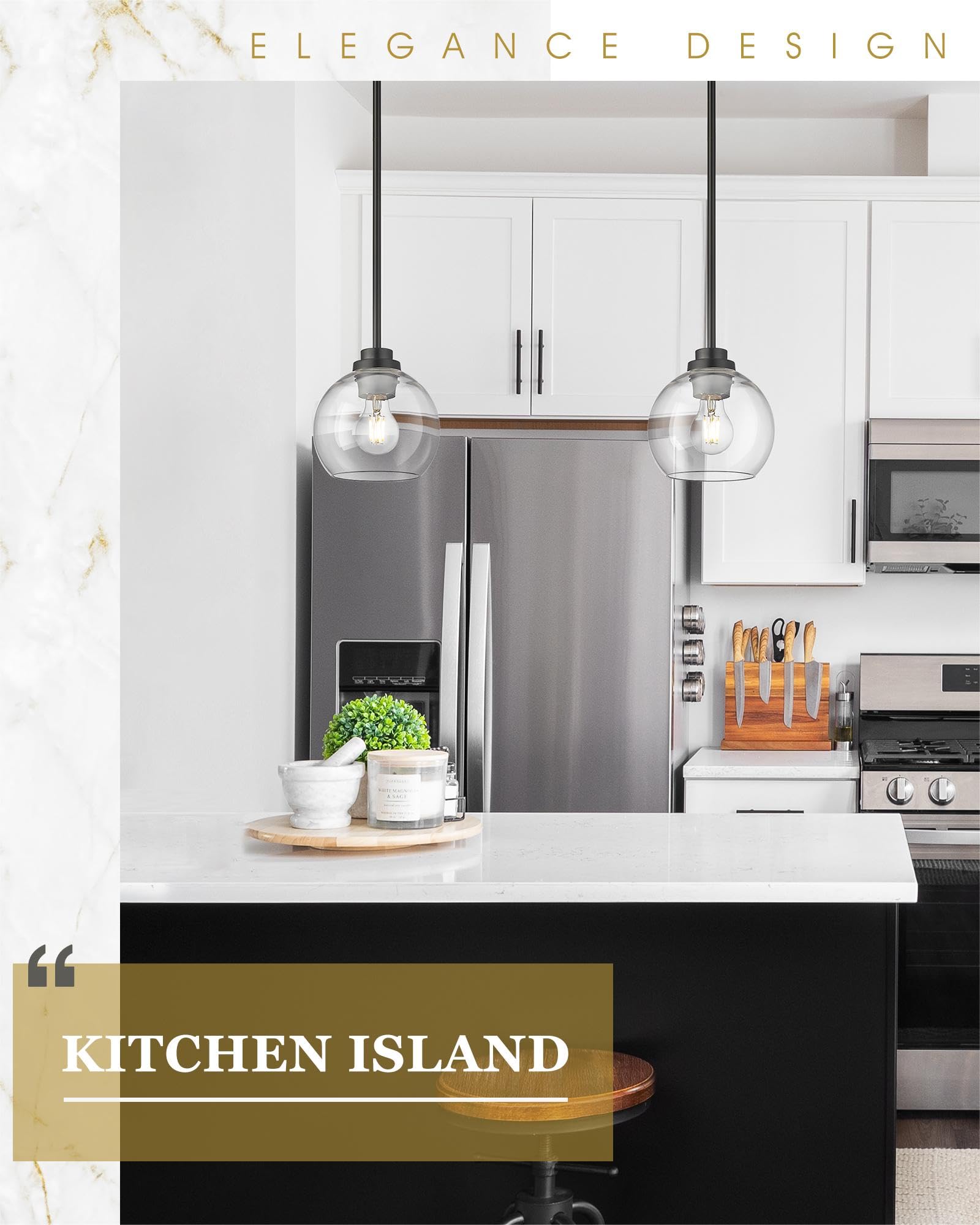 Audickic Pendant Lights Kitchen Island 2 Pack, 7&quot; Modern Black Hanging Lights Fixtures With Clear Glass Globe Shade, Kitchen Island Lighting For Bathroom, Ad-22280-1P2-Bk-C