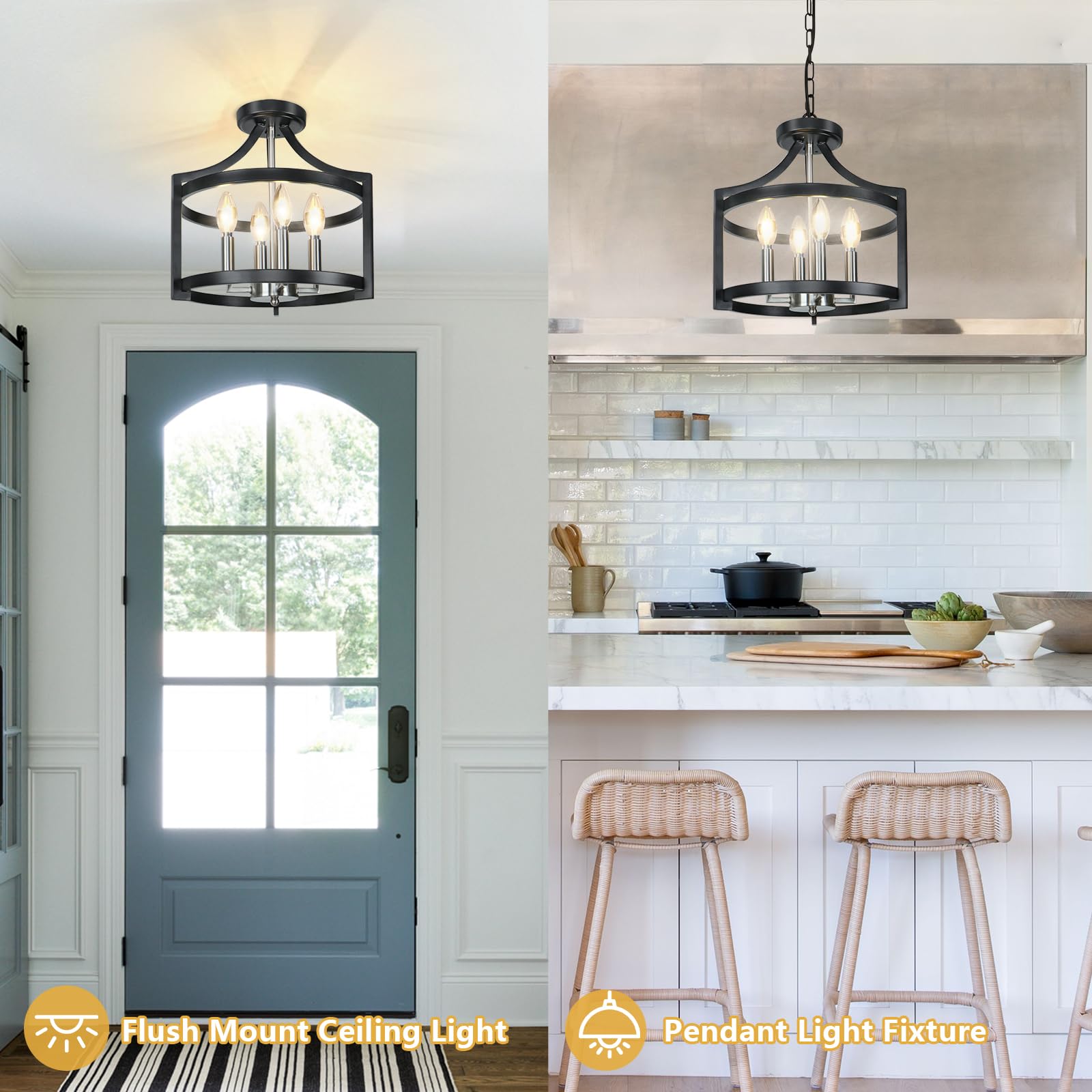 Kmaipem 4 Lights Farmhouse Chandeliers For Dining Room, Modern Chandelier Convertible Semi Flush Mount Ceiling Light Fixture For