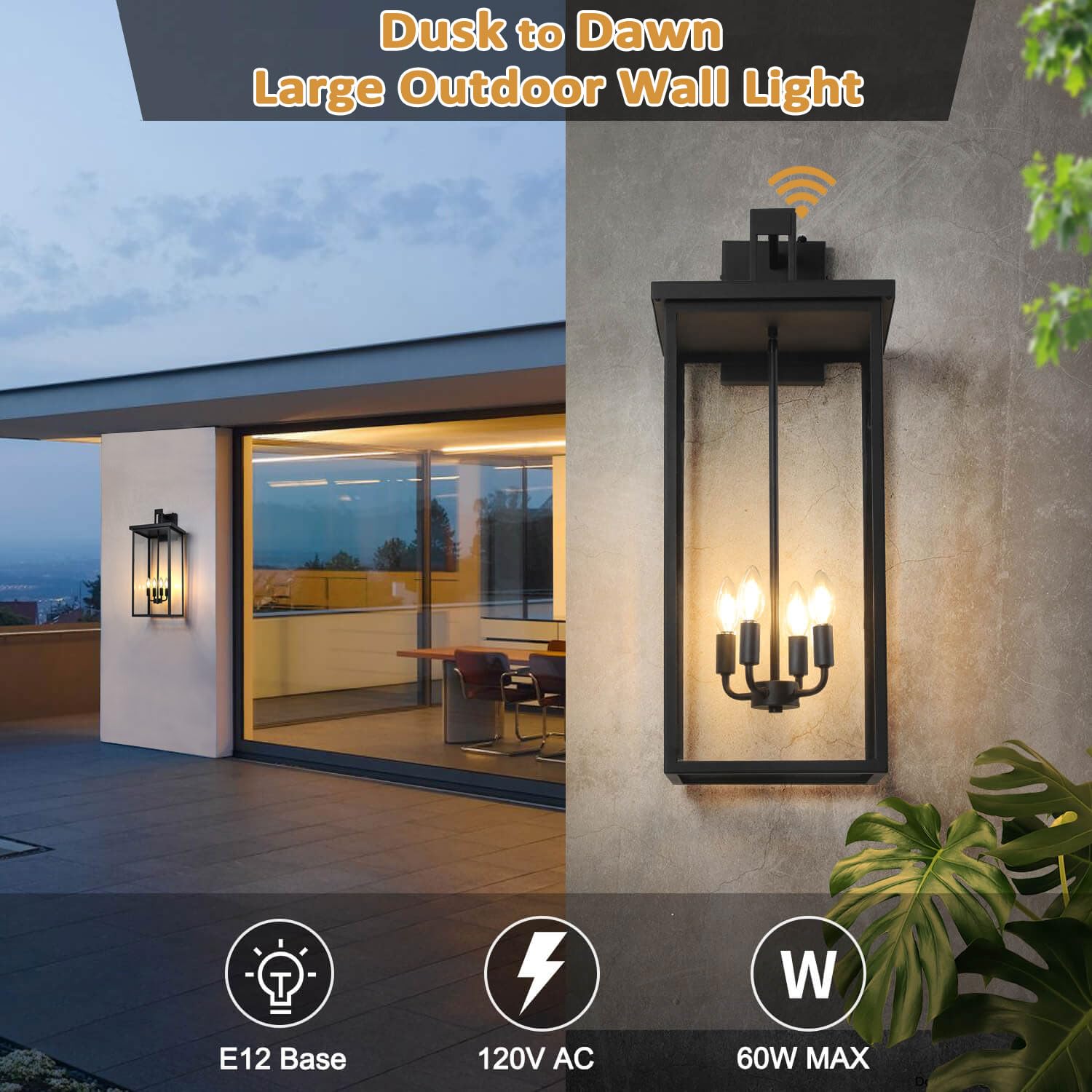 tewei Outdoor Wall Lights, 26in Dusk to Dawn Matte Black Sconce, Clear Shade, Modern Exterior Lighting Fixture, Model TW-LB-SR26