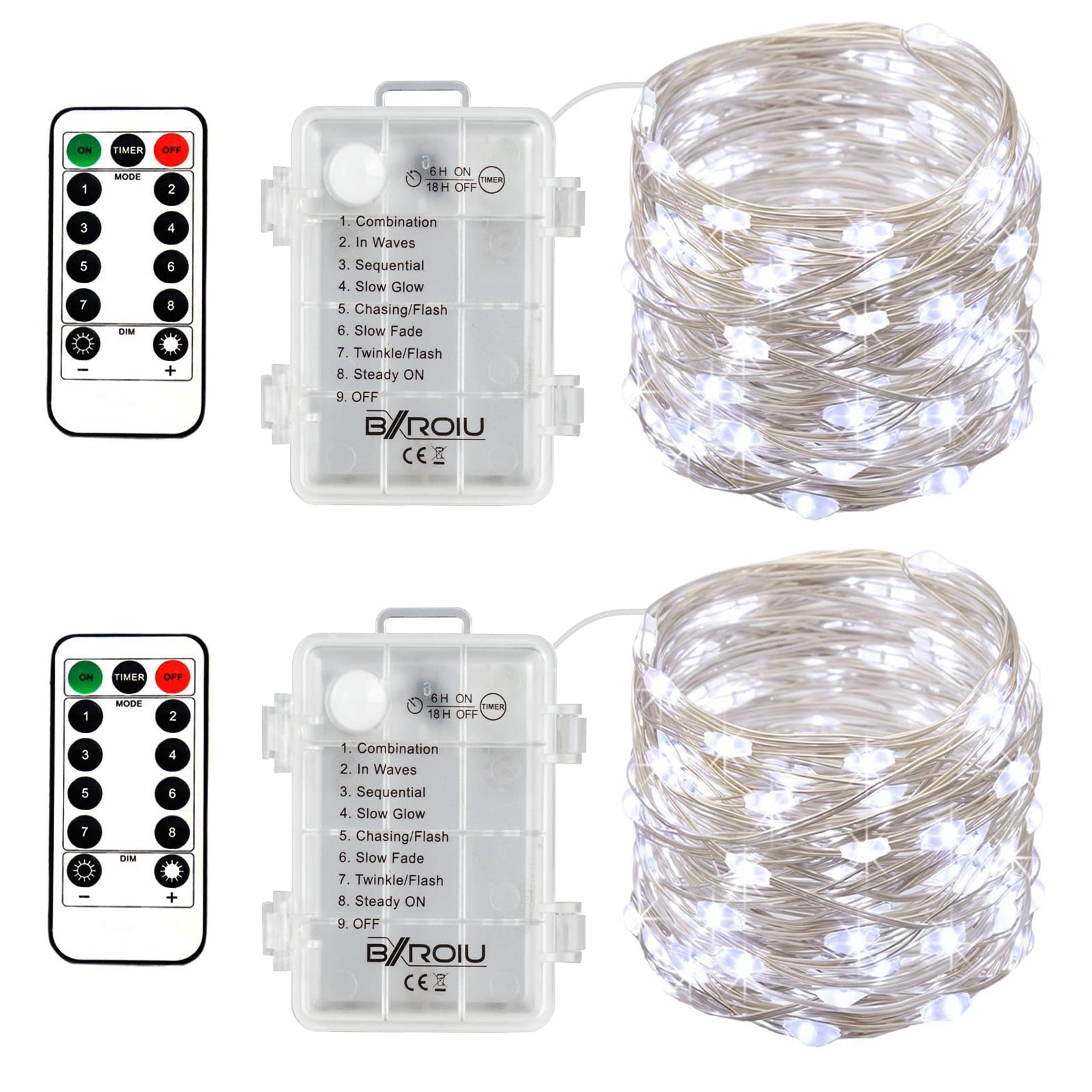 Bxroiu Fairy Lights - 50 Leds, 16Ft Silver Wire, 8 Modes, Remote Control, Battery Operated, Cool White For Bedroom & Party Decor