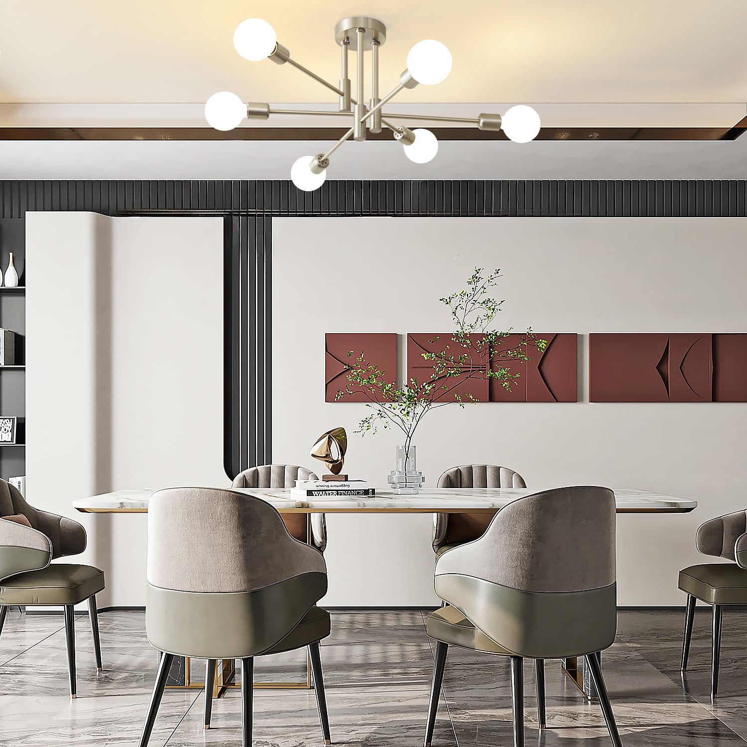 Biewalk Modern Chandelier Ceiling Light Fixture, 6-Light Sputnik Dining Chandeliers 31.18'' Gold And Black Chandelier Over Table
