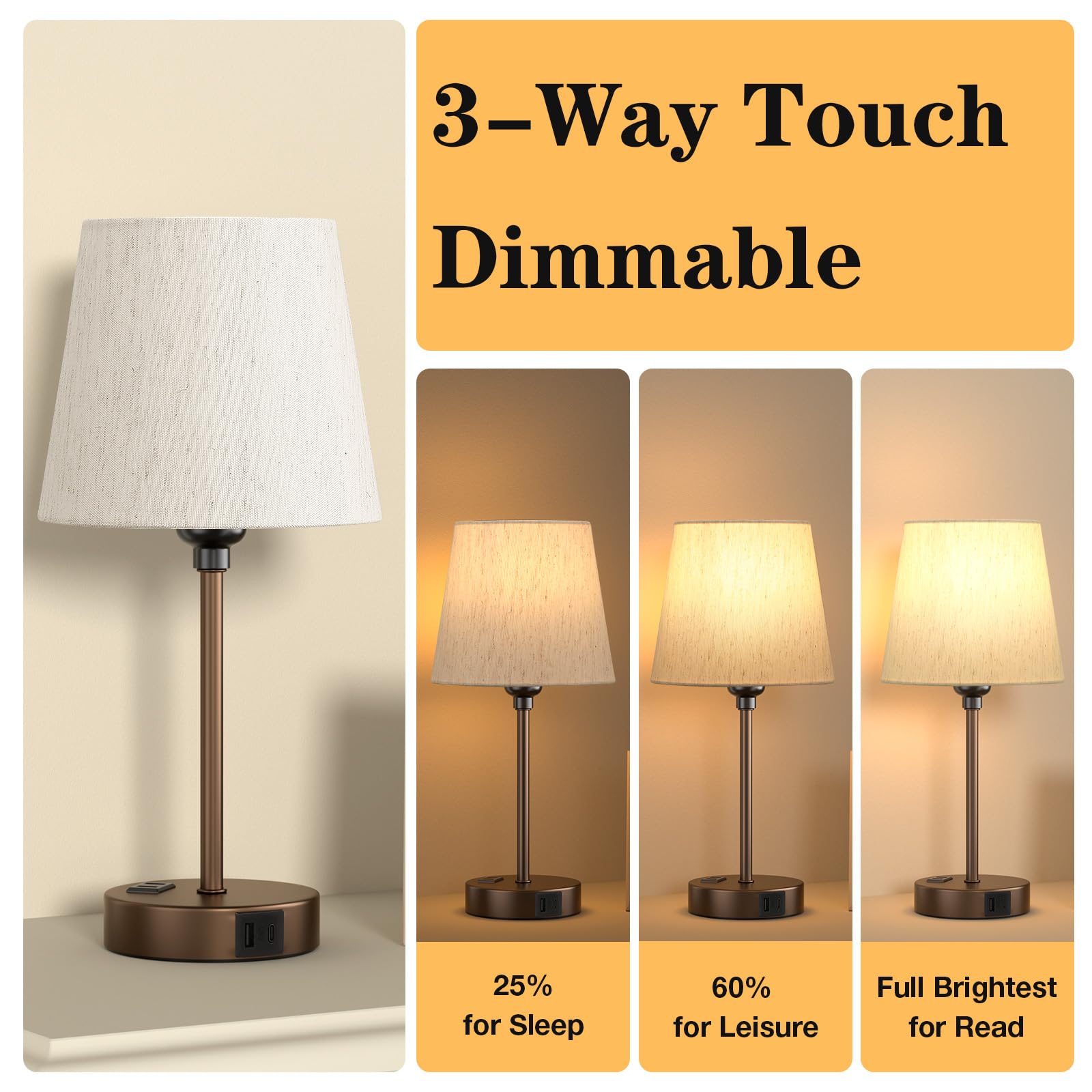 Acaxin Brown Bedside Lamps For Bedrooms Set Of 2 - Nightstand Bedroom Lamp With Usb C Port And Ac Outlet Charging, 3 Way Dimmabl