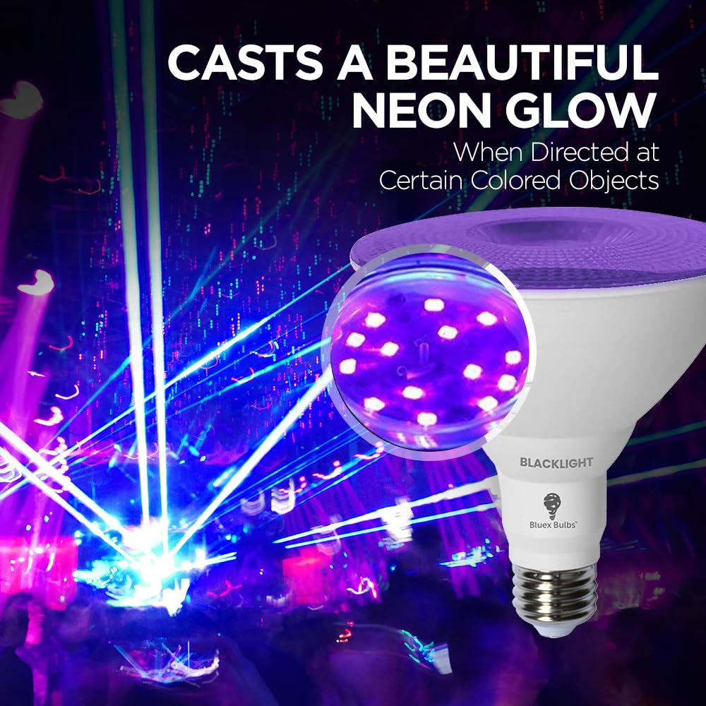 Bluex Bulbs PAR38 LED Black Light Bulb, 20W Equivalent, 2 Pack, Blacklight, Ideal for Halloween and Glow Parties
