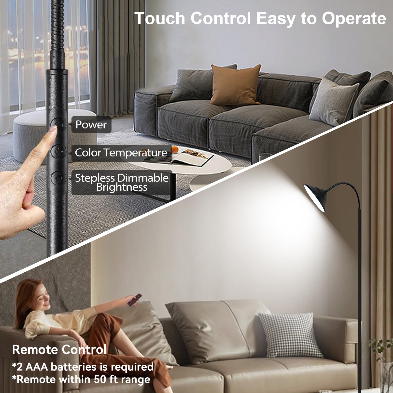LED Floor Lamp, 18W LED Floor Lamps for Living Room, Stepless Adjustable Colors & Dimmable Standing Lamp with Timer, Remote & To