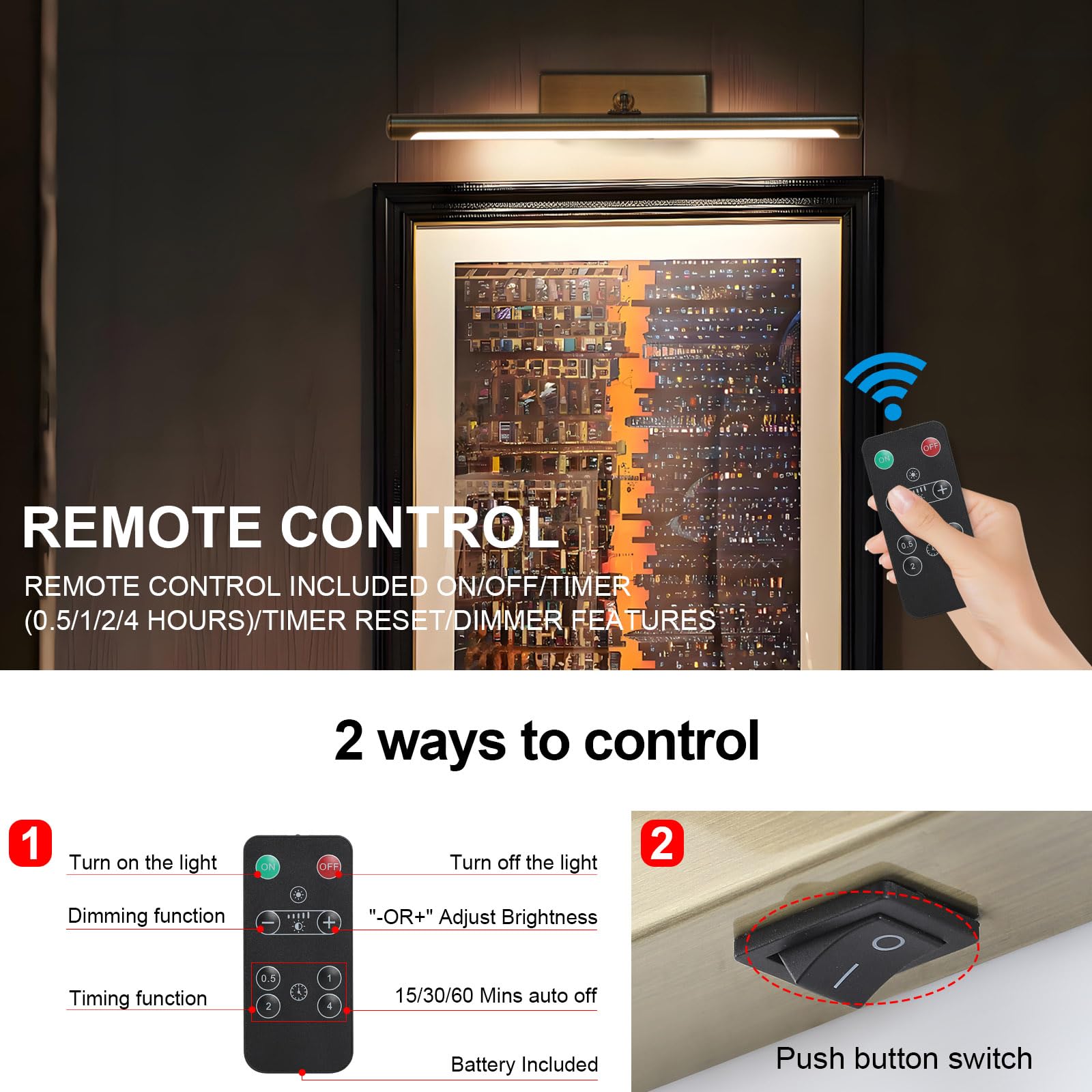 Kiloeye Picture Lights Battery Operated With Remote, Rechargeable Picture Lights For Wall Brightness Dimmable Sticker/Screw Installation, Art Light For Gallery, Artwork (Bronze, 12‘’)