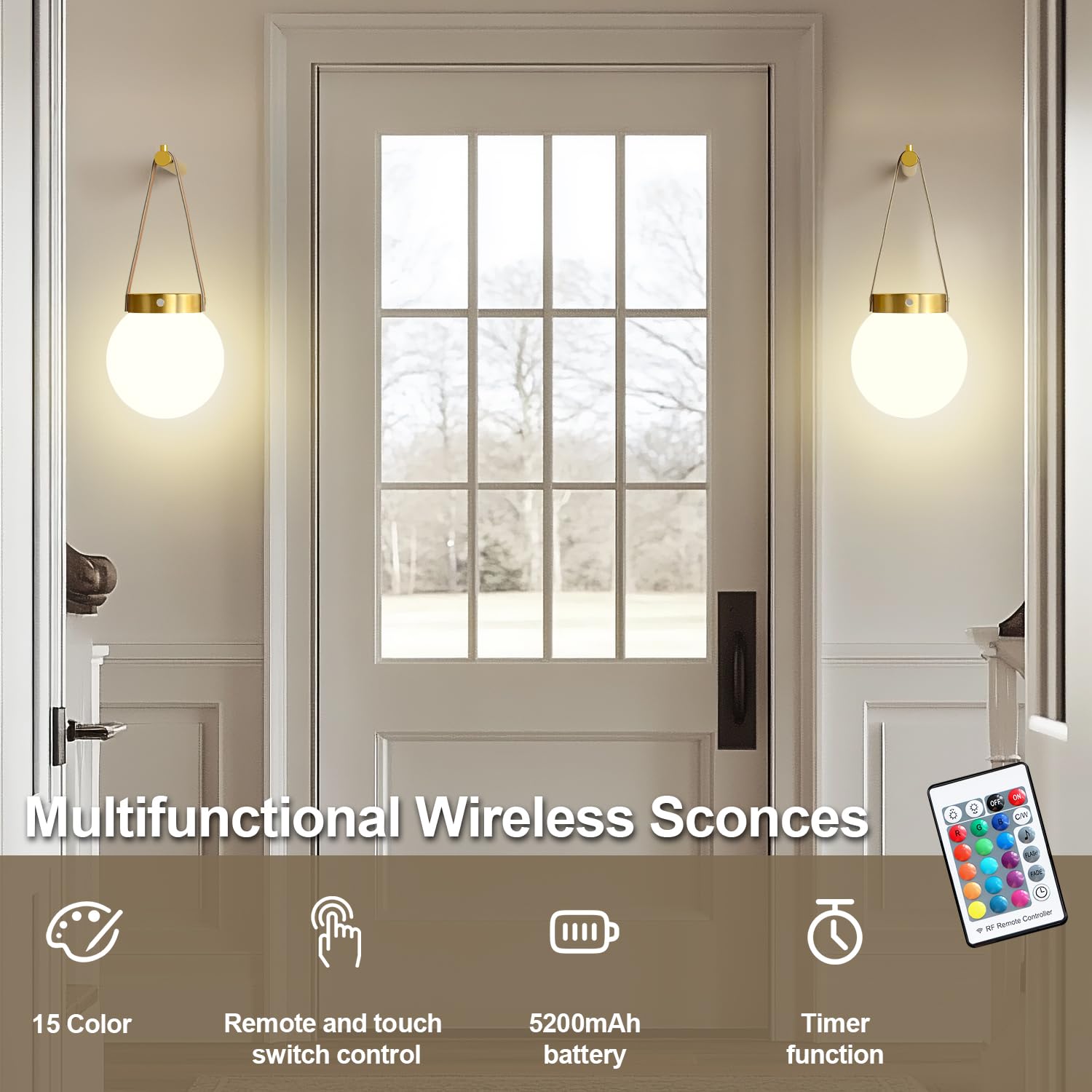 Battery Operated Wall Sconces Set Of 2, Gold Wireless Globe Wall Lights With Remote Control Warm/Natural/Daylight/Rgb 15 Colors