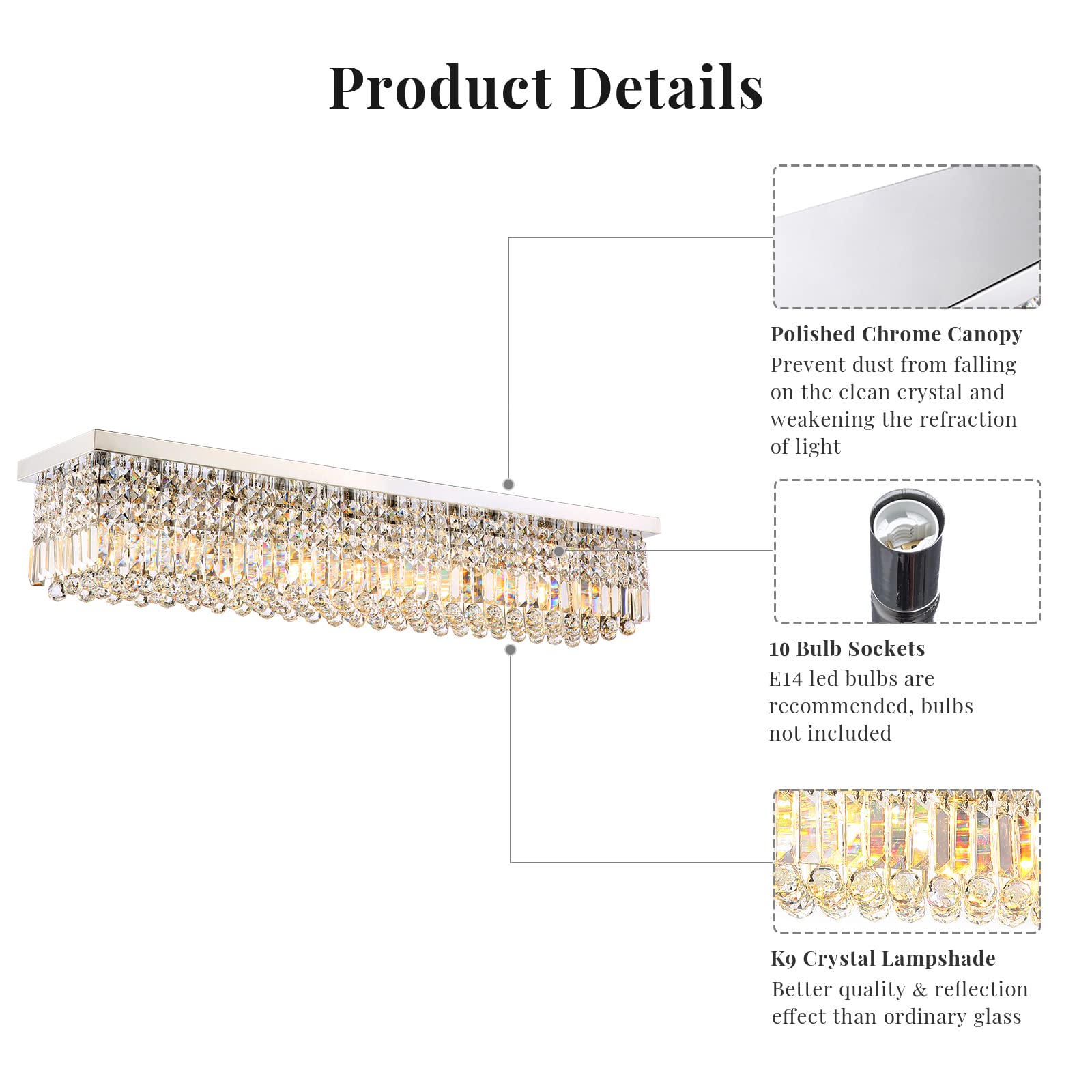 Siljoy Crystal Chandelier 10-Lights Rectangular Flush Mount Fixture L47" x W10" Chrome Model HLC037 for Dining Room, Living Room, Kitchen
