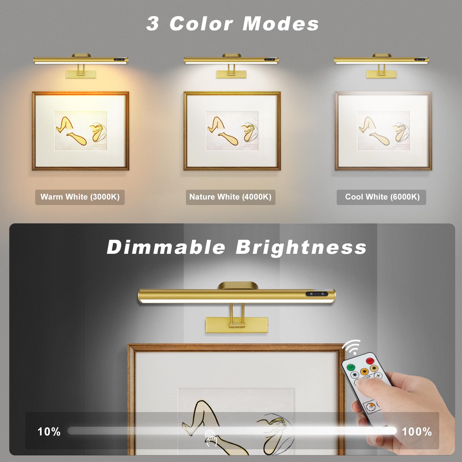 VARICART Magnetic Wireless Picture Light, 16in Metal, Rechargeable, Dimmable, Remote/Touch/Timer, Gold 2Pack, Model 26c0db37-f444
