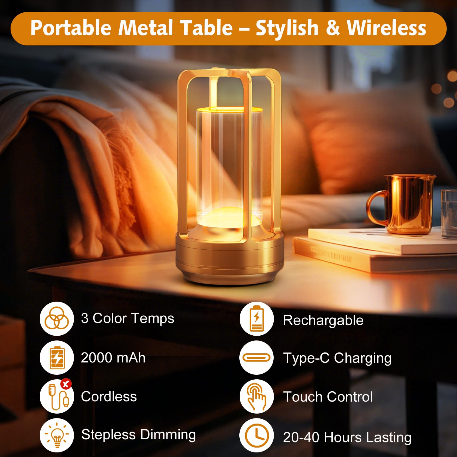 Yunaking Portable Table Lamp - Cordless Rechargeable, 3 Color Dimmable, Metal, Transparent Gold, Model CPJJDZ0SZD0119