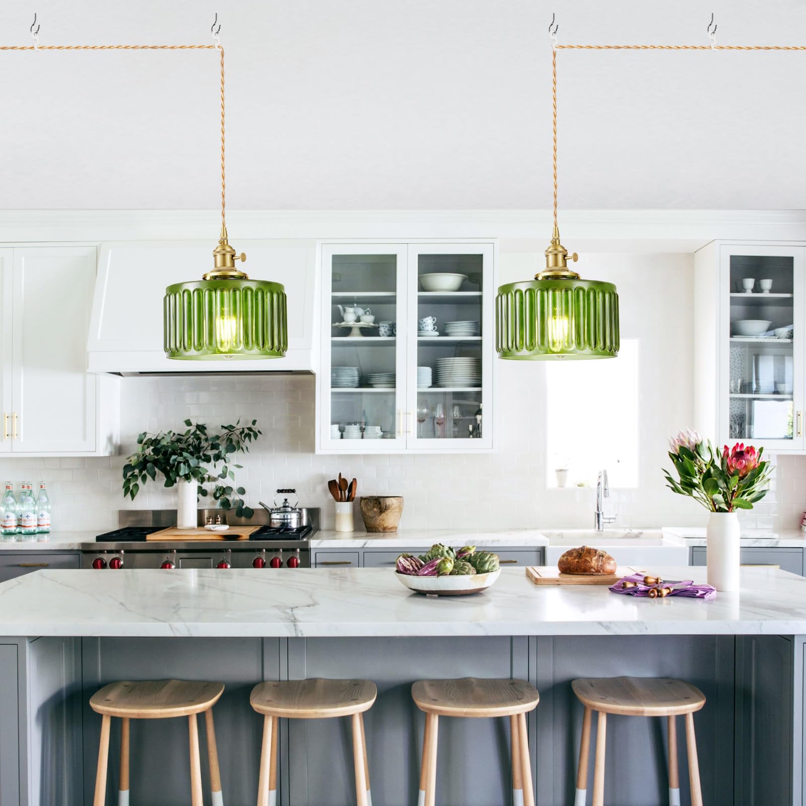 Beserwin Plug In Pendant Light  Hanging Lights With Plug In Cord  Hanging Light Fixture With Clear Glass  E26 Pendant Lighting For Kitchen Island  Bedroom  Dining Room  Living Room-Green