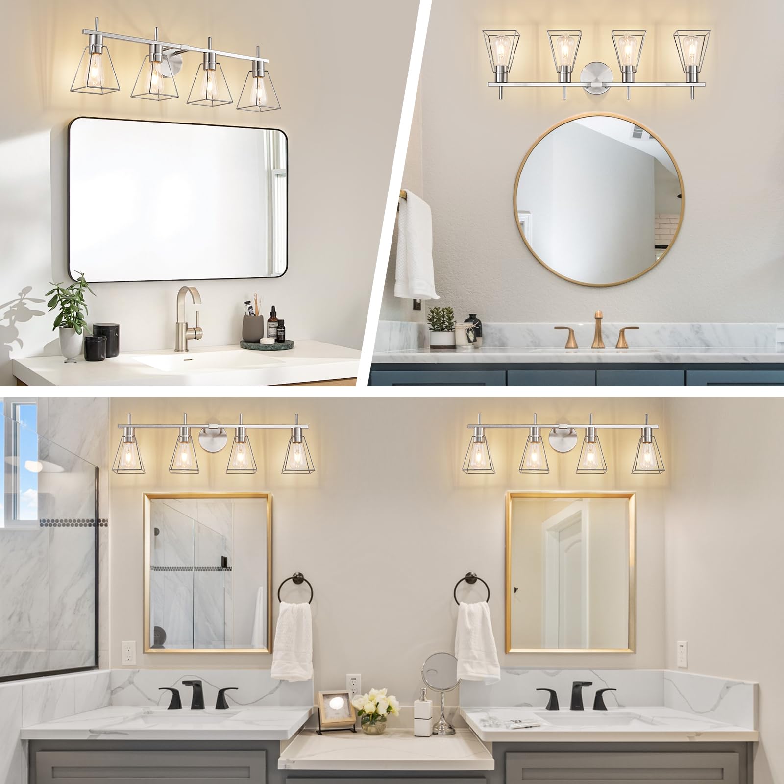 Fonmyim Farmhouse Bathroom Vanity Light Fixtures Over Mirror, Brushed Nickel 4-Light Wall Sconce With Metal Cage, E26 Socket (Bu