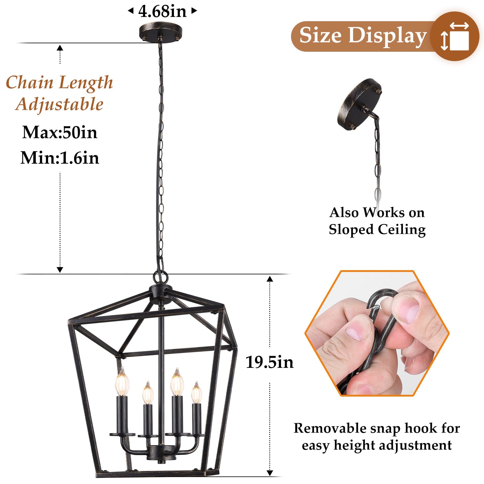 Farmhouse Chandelier 4-Light  Black & Gold Pendant Light Fixture For Kitchen Island Dining Room  Lantern Industrial Lighting Ceiling Hanging With Metal Cage Adjustable Height For Entryway Foyer