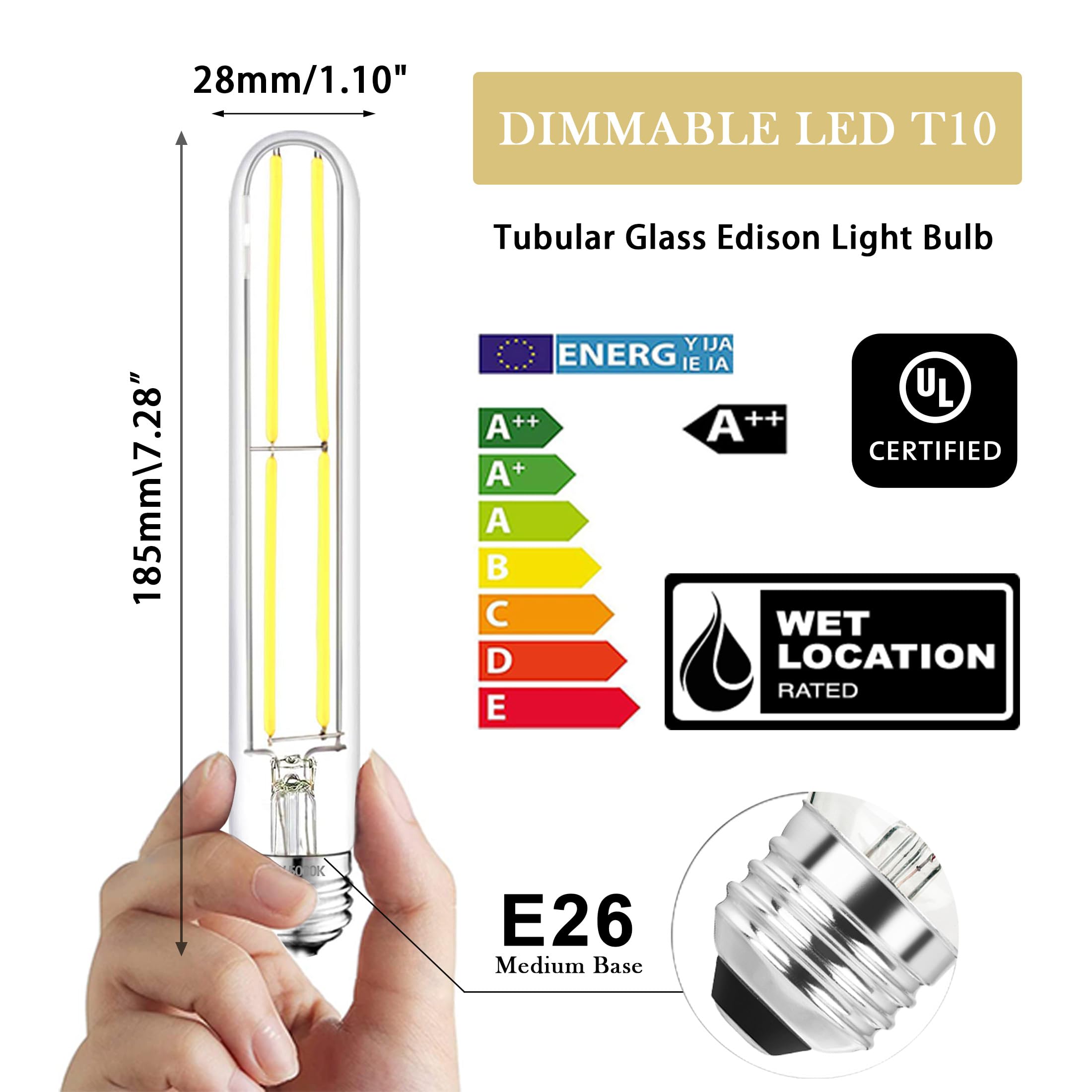 NOVELUX 7.3 Inch E26 Led Bulb 6W Dimmable, 5000K Daylight Edison Bulbs 800LM, Equal 80 Watt Tubular T10 T9 Long Clear Glass Ligh