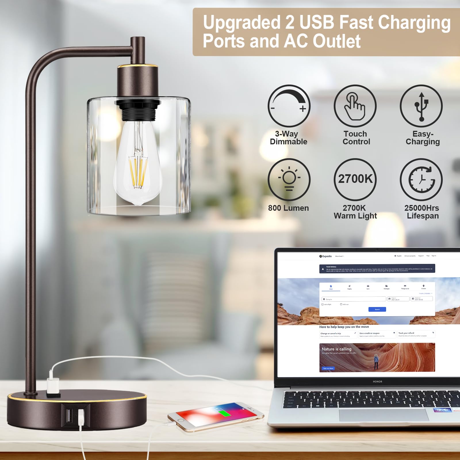 Industrial Touch Table Lamps Set Of 2 - Bedside Lamps With 2 Usb Ports & Ac Outlet, 3-Way Dimmable Nightstand Desk Lamp For Bedr