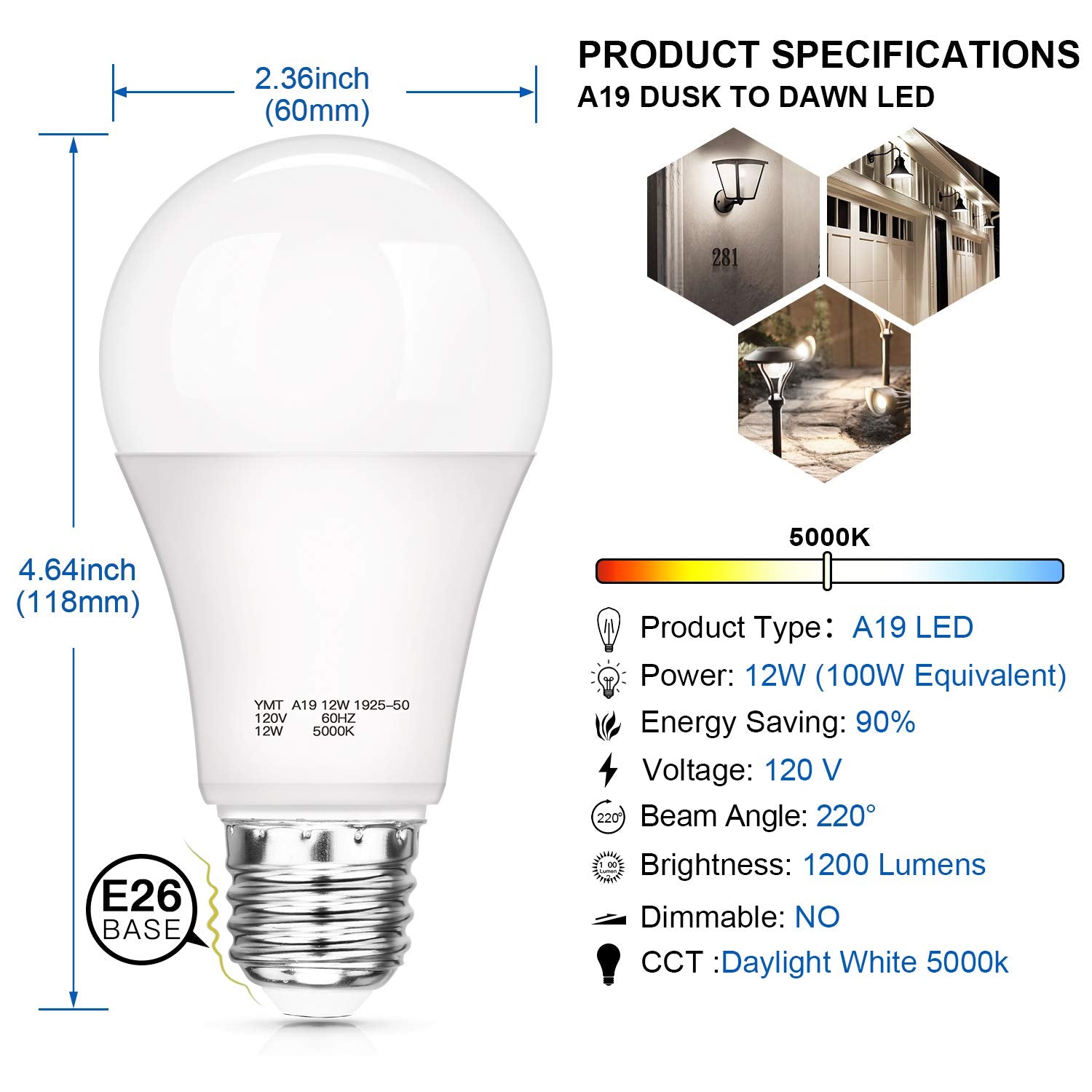 SHINE HAI Dusk to Dawn LED Light Bulbs, 12W (100W Equiv), 1200 LM, E26 Base, Daylight White, 4-Pack