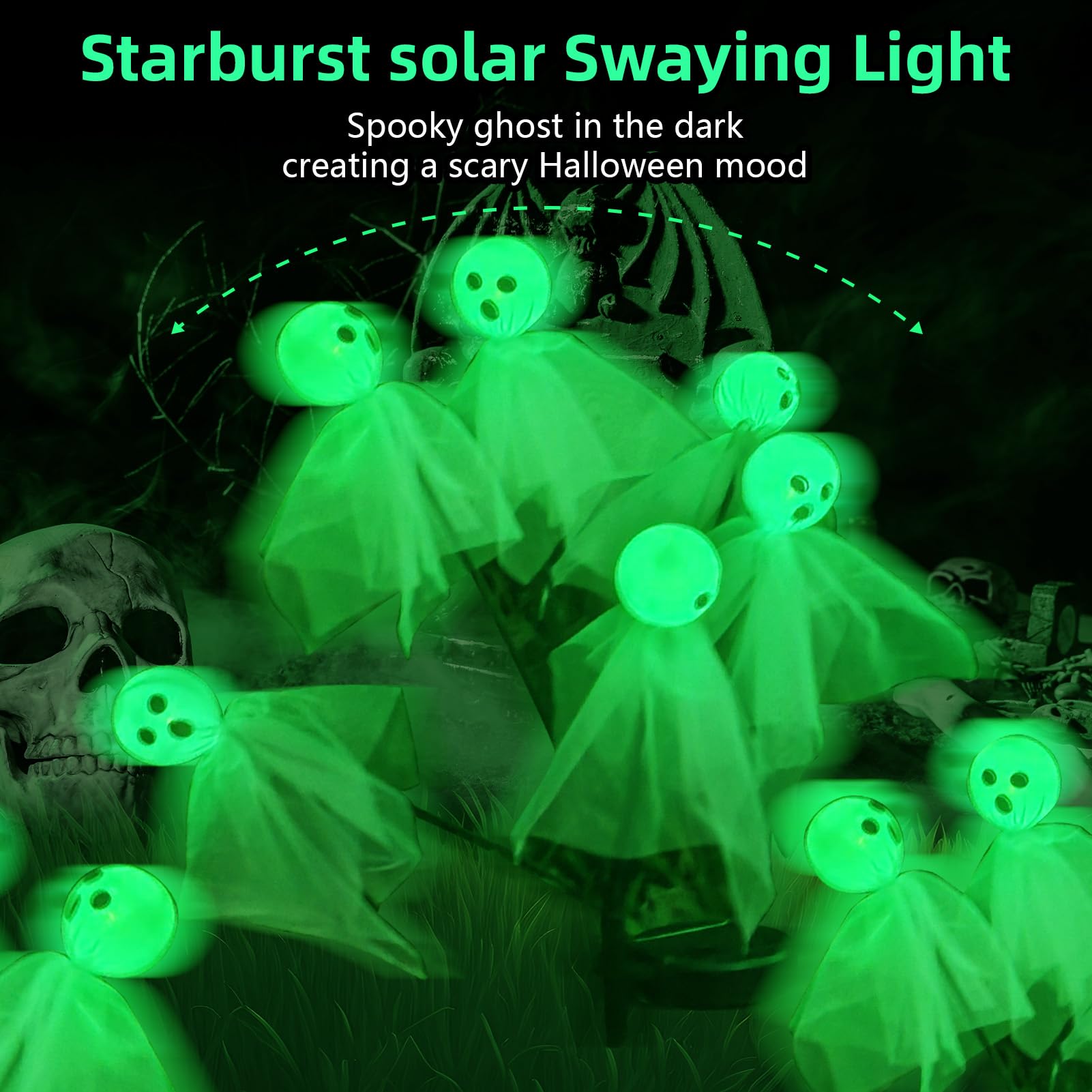 MAOYUE Halloween Decorations 4Pcs Solar LED Ghost Lights Waterproof Green
