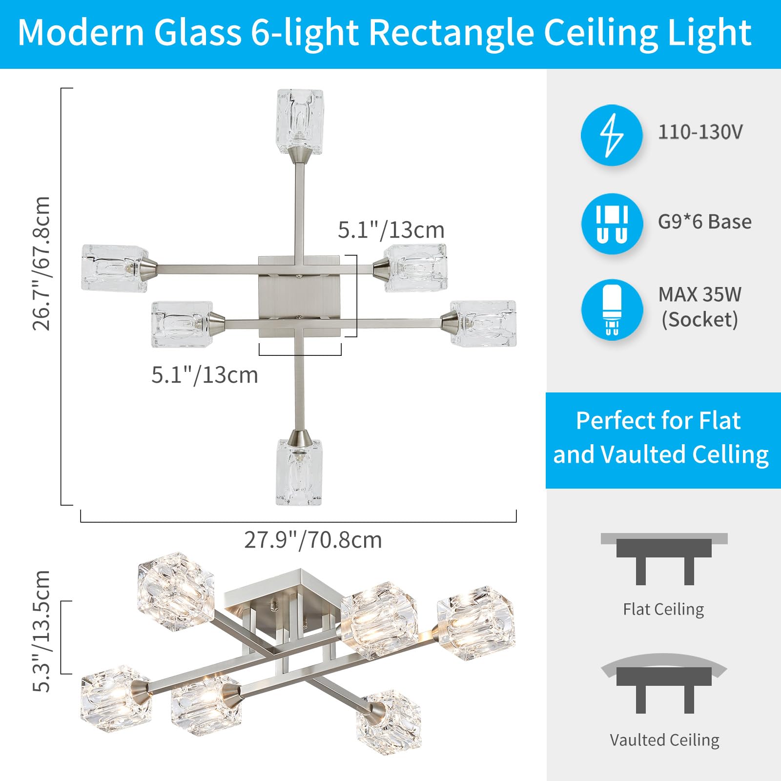 Xingqi Sputnik Light Fixture 6-Lights Semi Flush Mount Ceiling Light, Modern Silver Glass Chandelier Brushed Nickel Lighting For