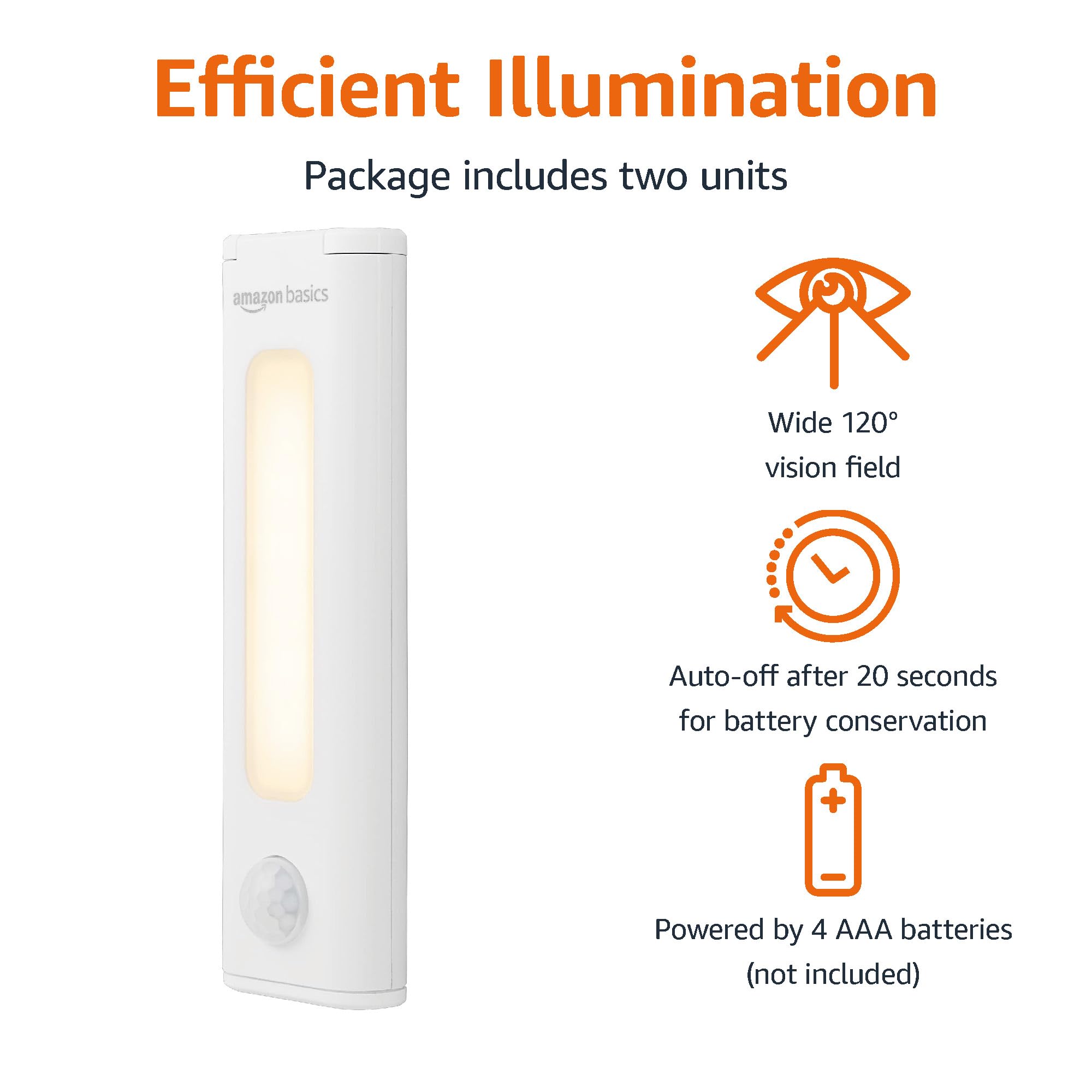 Amazon Basics LED Stick On Lights, Wireless Motion Sensing, 2 Pack, White, Model 59428, Battery Operated, Portable Under Cabinet Lighting