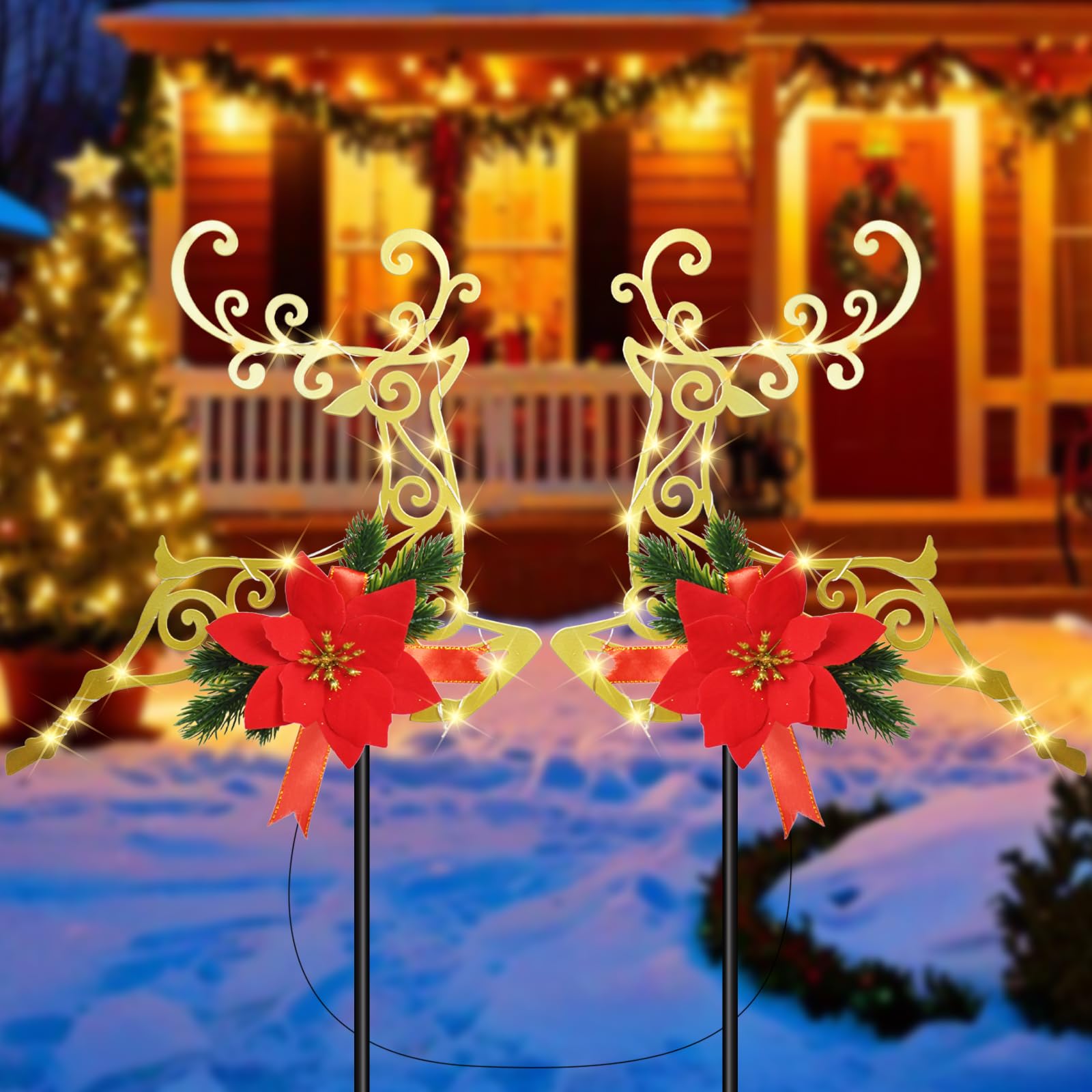 Voxary 2-Pack Christmas Solar Pathway Lights Outdoor Waterproof  Xmas Metal Reindeer Garden Stake Lights with Poinsettia Decorations for Yard Lawn Walkway Porch Holiday Decor