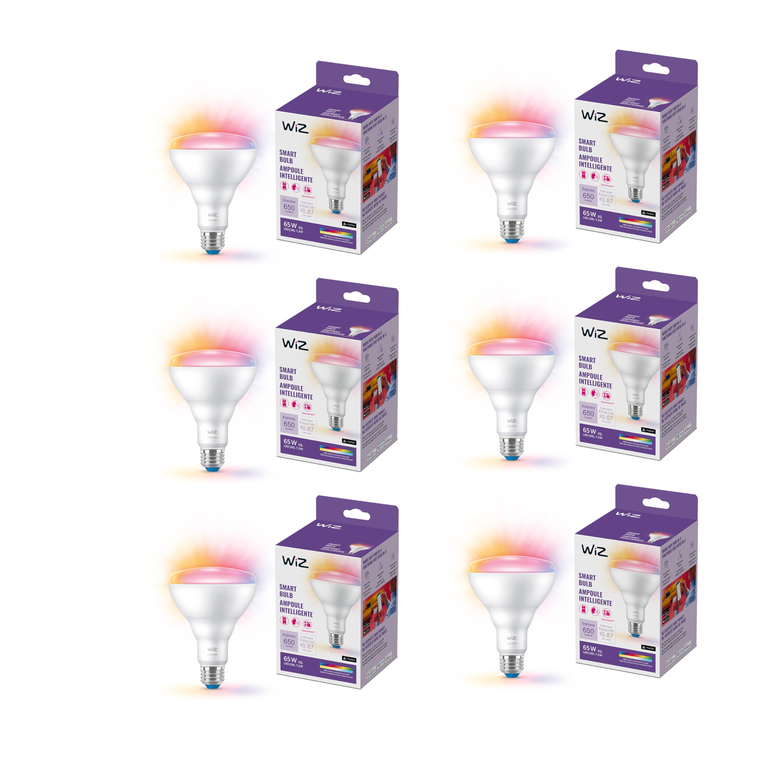 Wiz 65W Br30 Color Led Smart Bulb - Pack Of 6 - E26- Indoor - Connects To Your Existing Wi-Fi - Control With Voice Or App + Acti