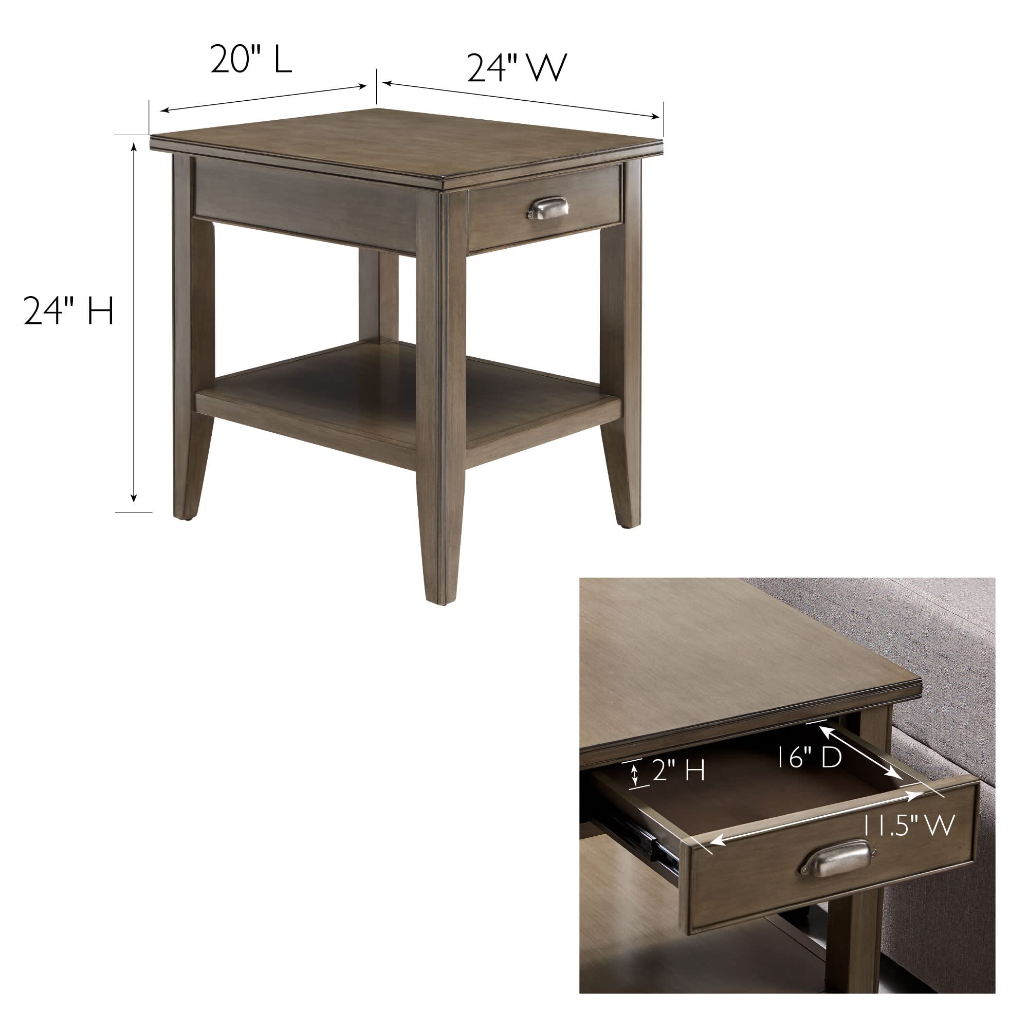 Laurent 20 In. Solid Wood End Table With Shelf And Drawer, Smoke Gray - Leick Home, 10507-Gr
