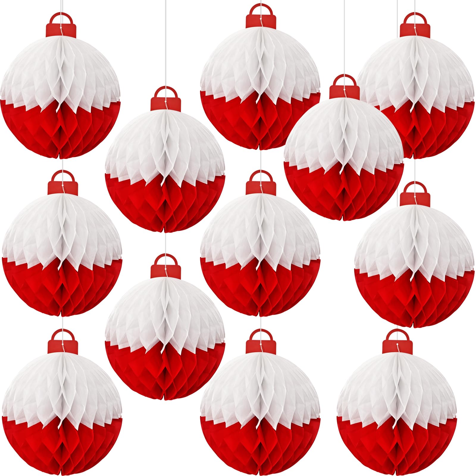 12Pcs Fishing Themed Paper Honeycomb Ball Decorations Lanterns, Red & White For Fishing Party, Birthday, Fishermen Themed, Table