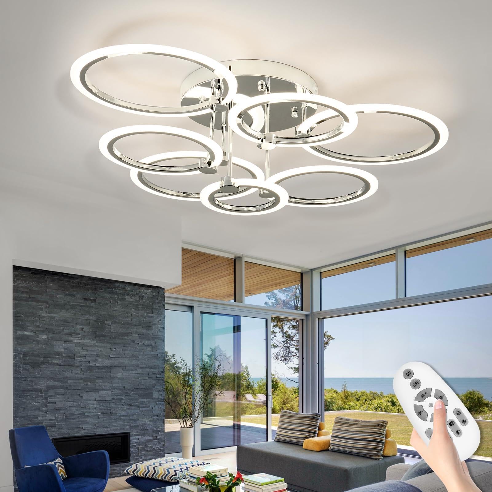 Seable 7-Ring Modern Led Flush Mount Ceiling Light - 31.8'' Dimmable Close-To-Ceiling Fixture With Remote Control, 130W 3000K-65