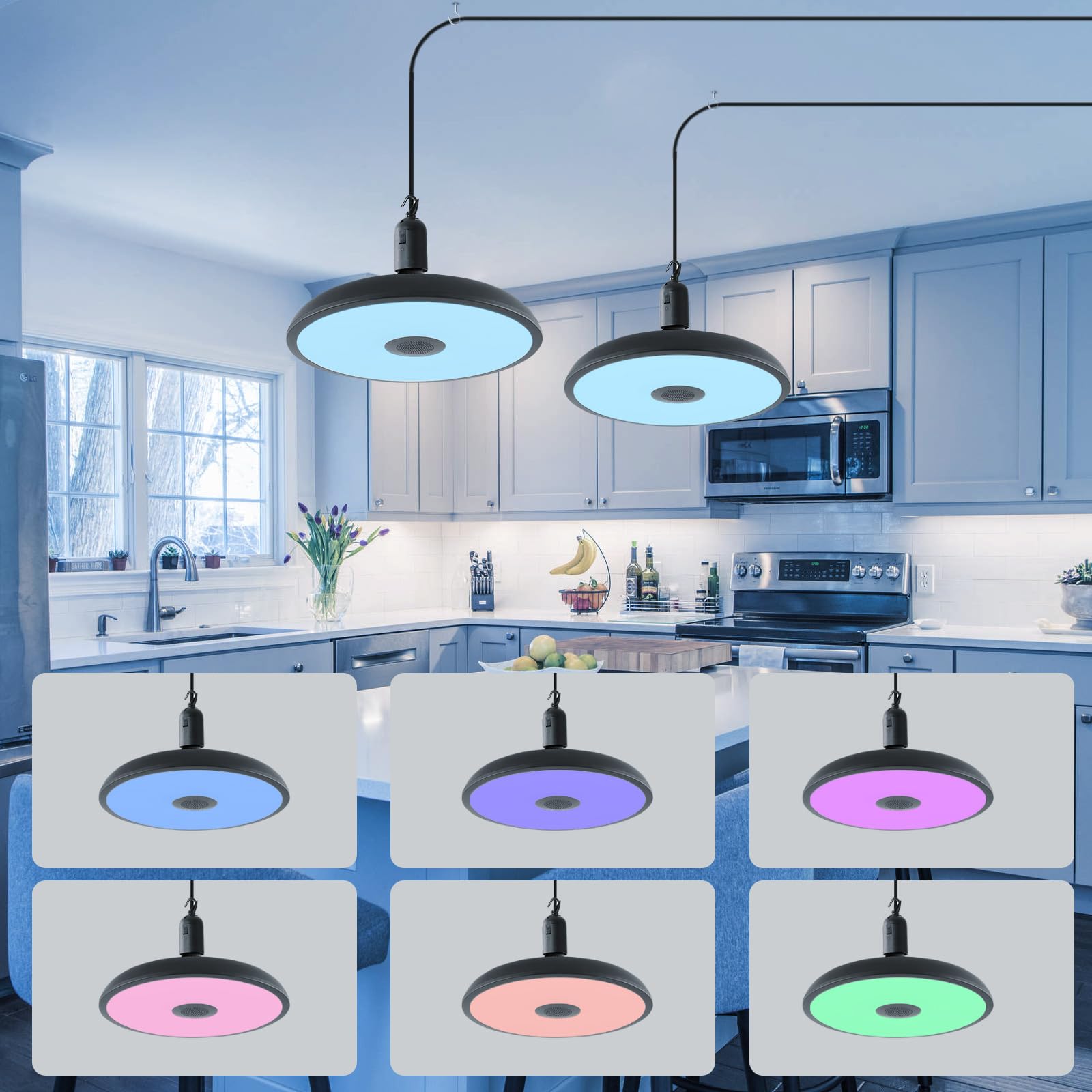 HOREVO Pendant Light Fixture, 18W Adjustable, 12in Plastic, Upgrade Black, for Kitchen, Bar, Dining Room, Model H0017