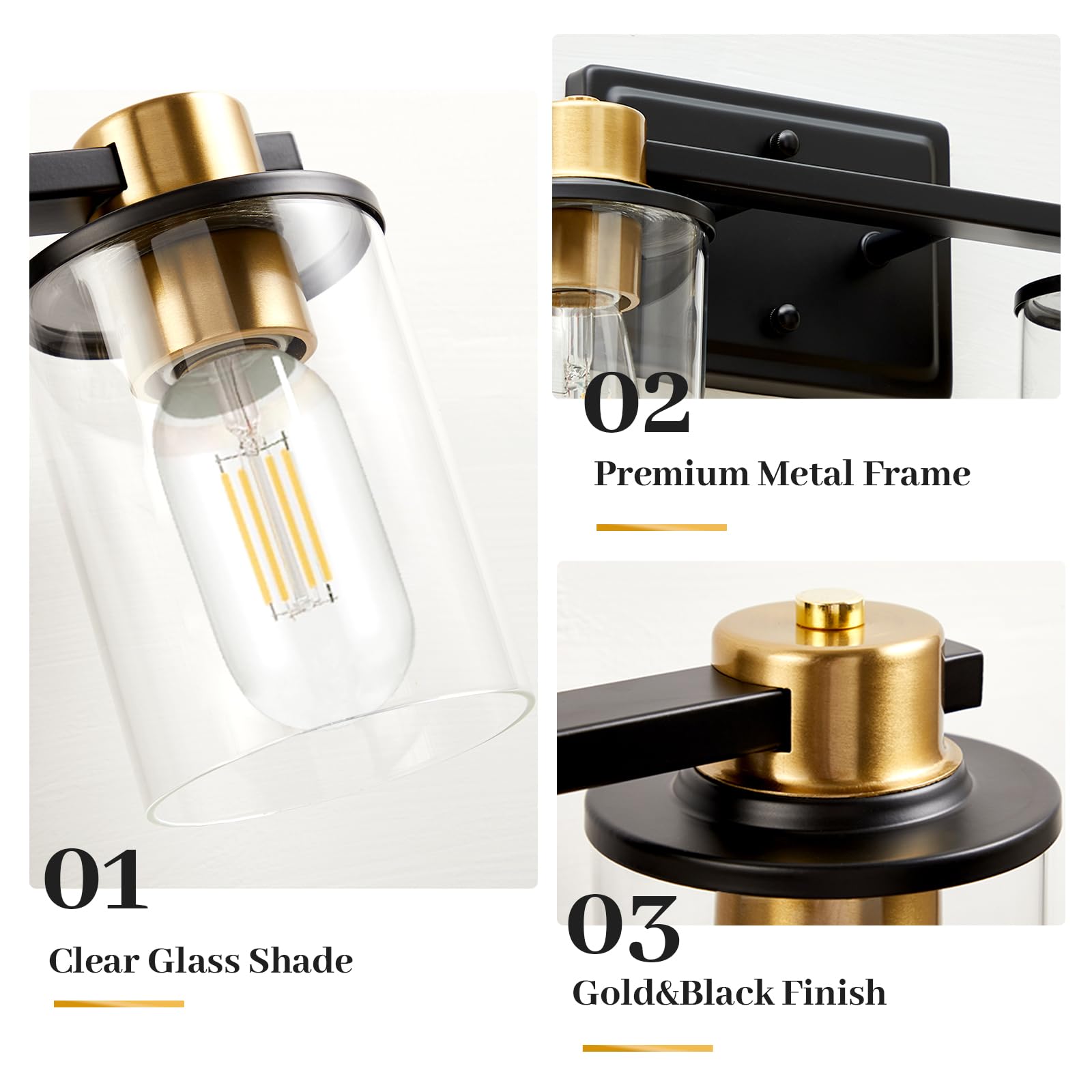 SANGFOR Bathroom Light Fixture, Modern Gold & Black Vanity Light, Clear Glass Shade, Metal Frame, E26 Base, Size M