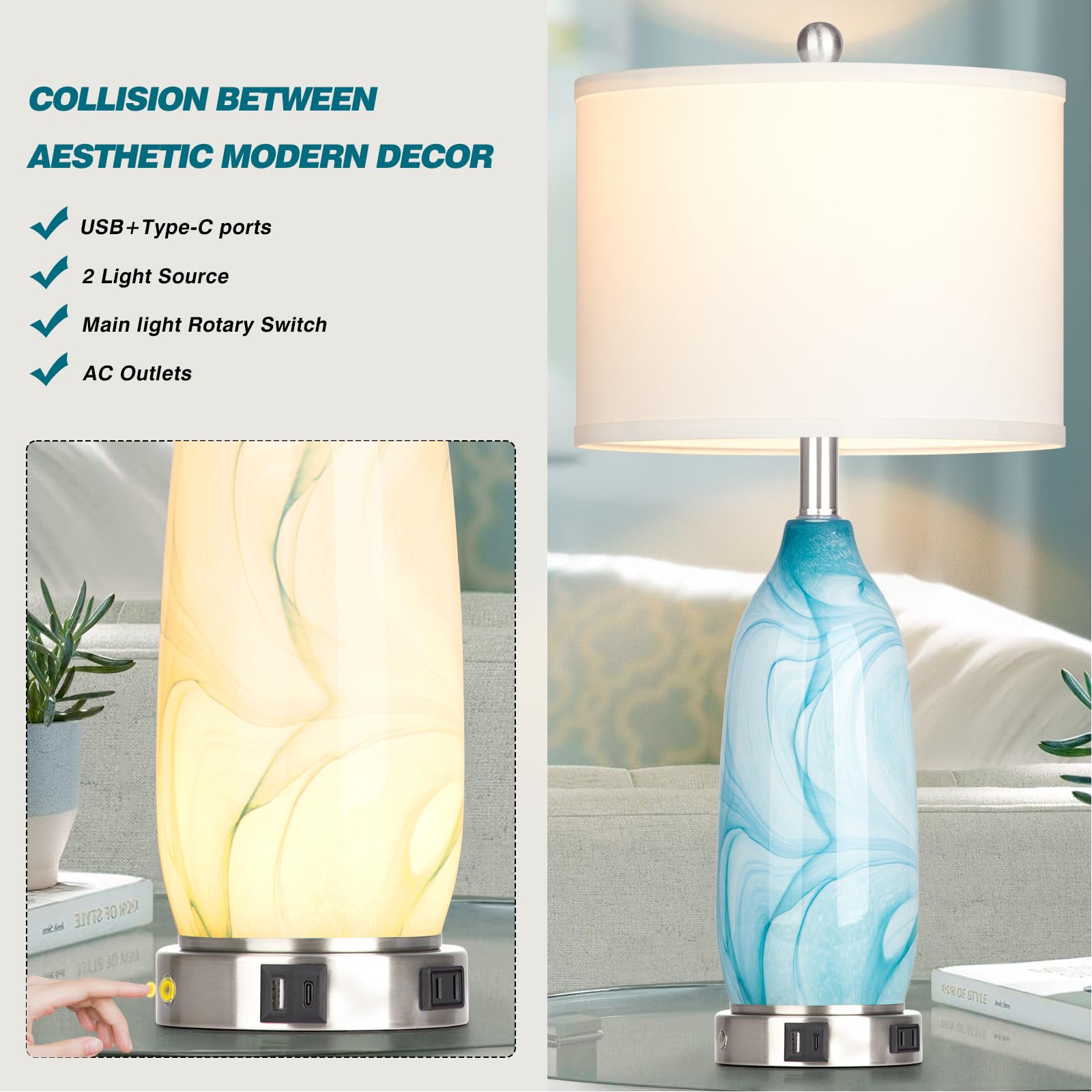 26" Coastal Table Lamps Set Of 2, Modern Table Lamps With Usb A+C Ports & Ac Outlet, Touch Control Glass Bedside Nightstand Lamp With Night Light For Living Room Bedroom End Table Blue(Bulbs Included)