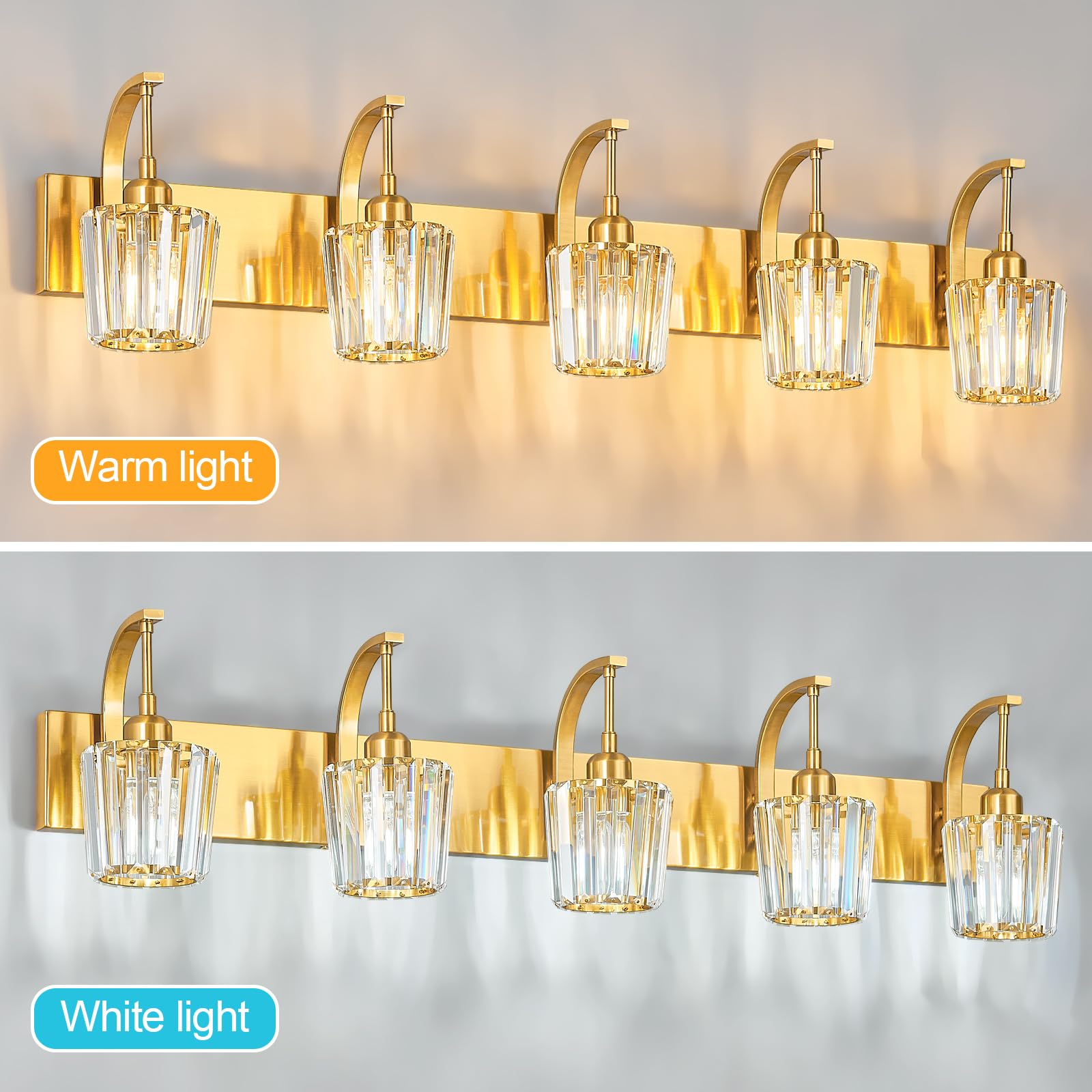 Fdpby Modern Bathroom Vanity Light  5-Light Gold Wall Sconce With Crystal Accents  Over Mirror Bathroom Lighting Fixture  42.52 Long Dimmable Vanity Lamp For Makeup  Easy Installation