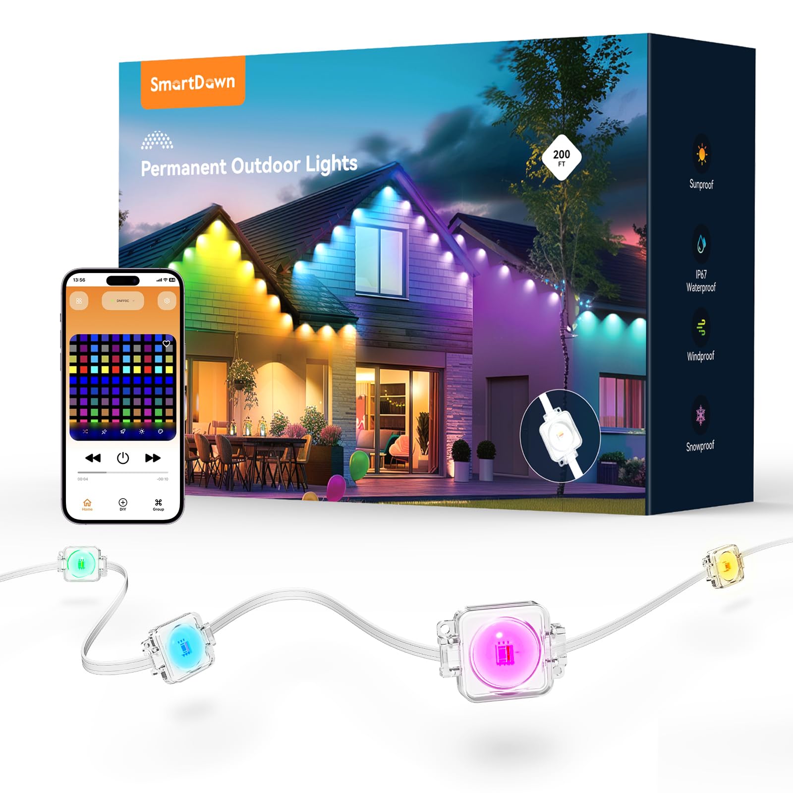 Smartdawn Permanent Outdoor Lights  200Ft With 128 Smart Rgbic Led Lights  Diy Scene Mode  Ip68 Waterproof Christmas Light For Daily And Accent Lighting  Outdoor Decor  House Roof  Holiday Decorations