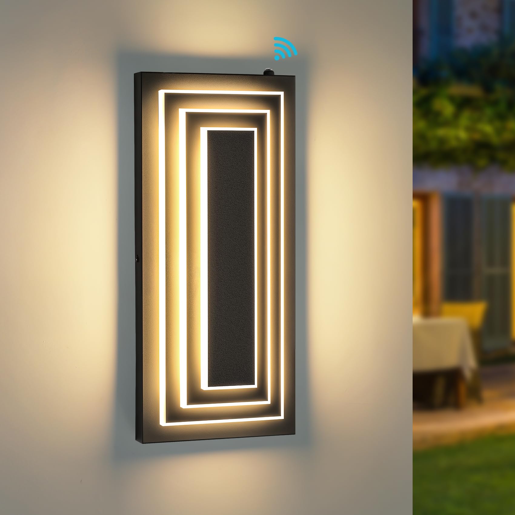 ZSMAIKU Dusk To Dawn Led Outdoor Wall Light  3 Tier Modern Exterior Lights For House  15.7 IN Black Outdoor Porch Lights Wall Mount  24W Warm White Outside Light Fixtures For Patio  Front Door  1 Pack