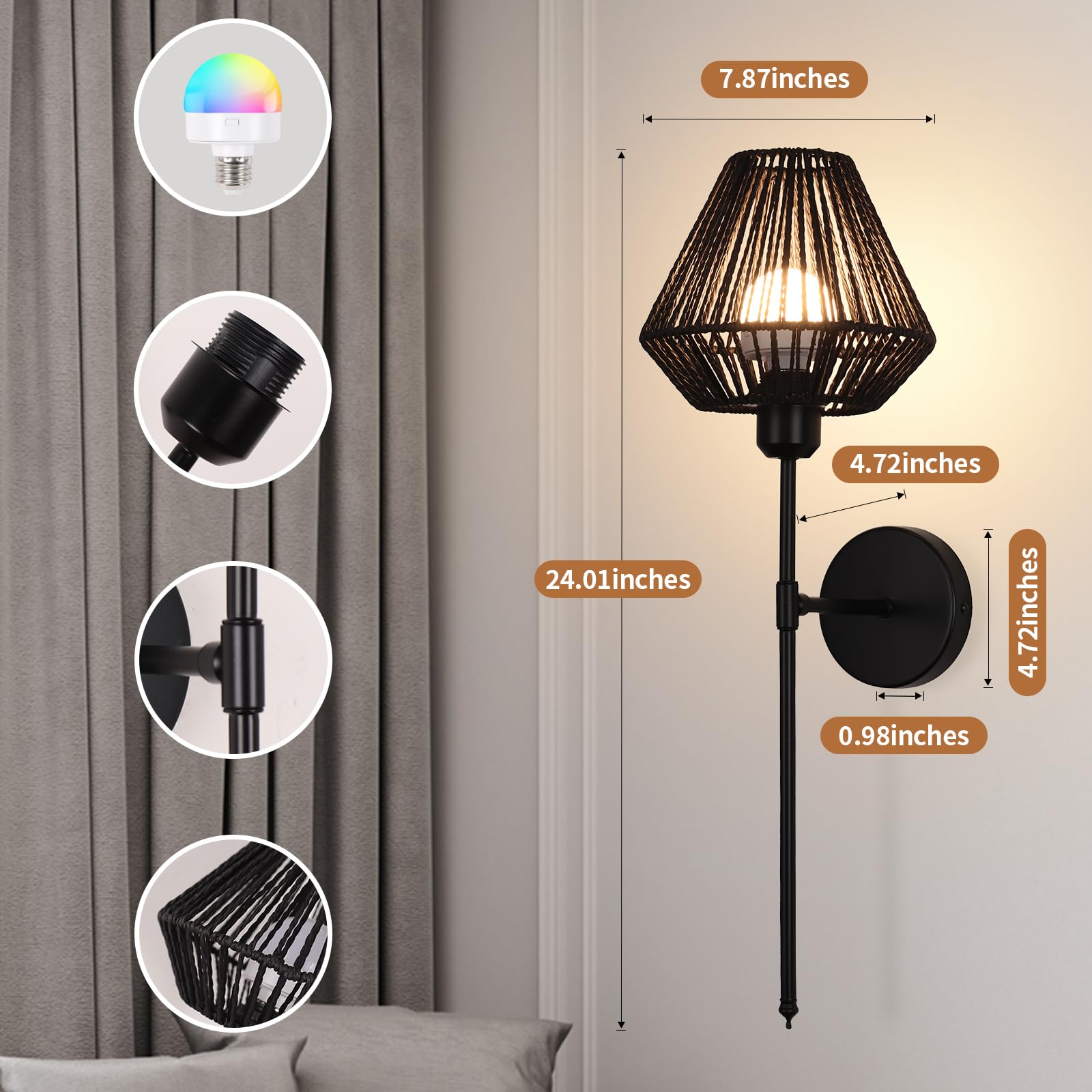 Ovyiech Wall Sconces Set of 2, Dimmable Rattan Rechargeable Light with Remote, 15 Color Changing, Black, Model YH8803H