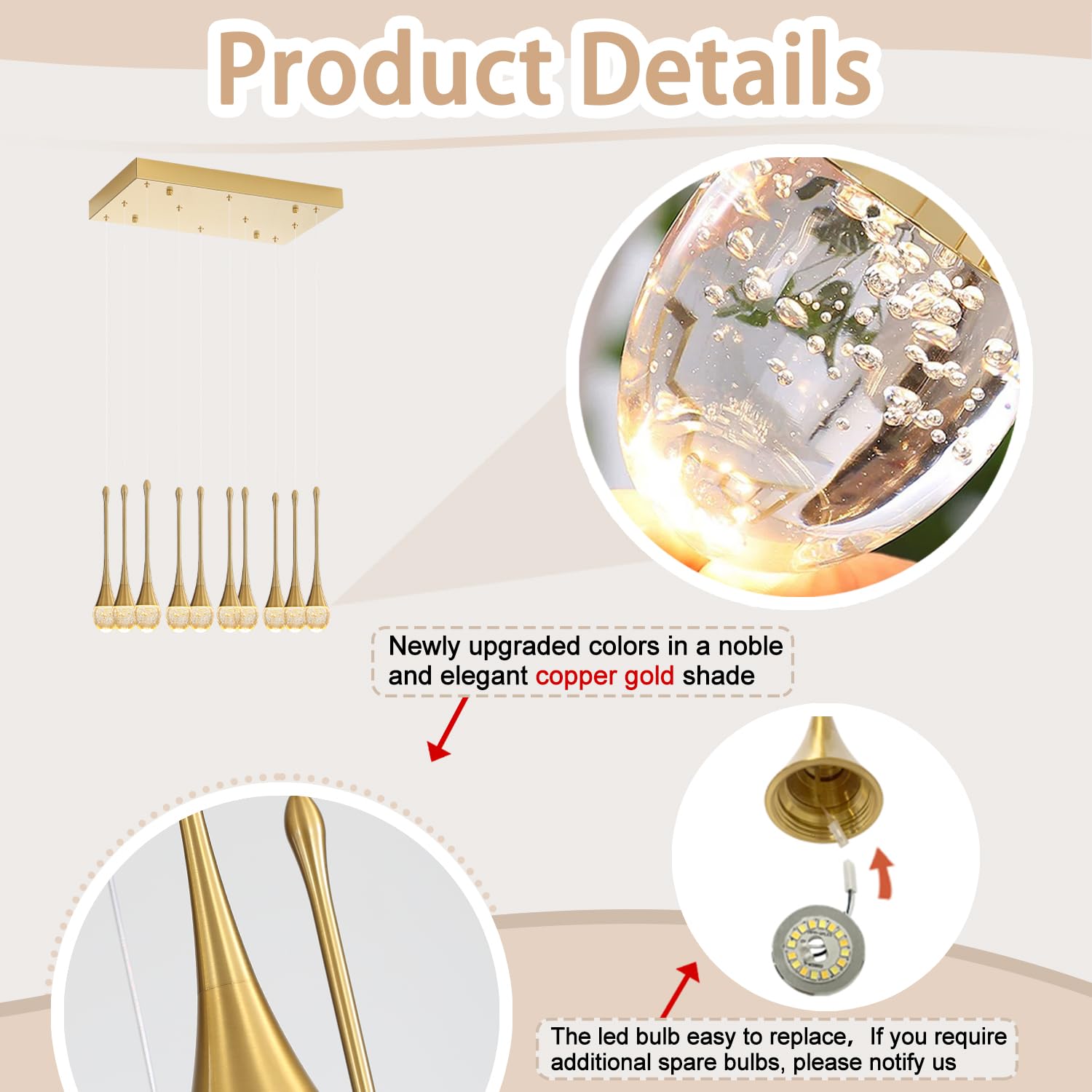 Ykolupty Rectangular Chandeliers For Entryway Gold Dining Room Lights Fixture Raindrop Pendant Lights Kitchen Island Crystal Cha