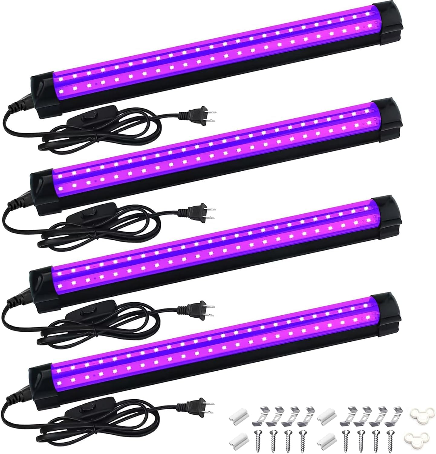 BOSITE 10W UV Black Light Bars, 4 Pack, 48 LED, 1Ft, Linkable, Purple, Polycarbonate
