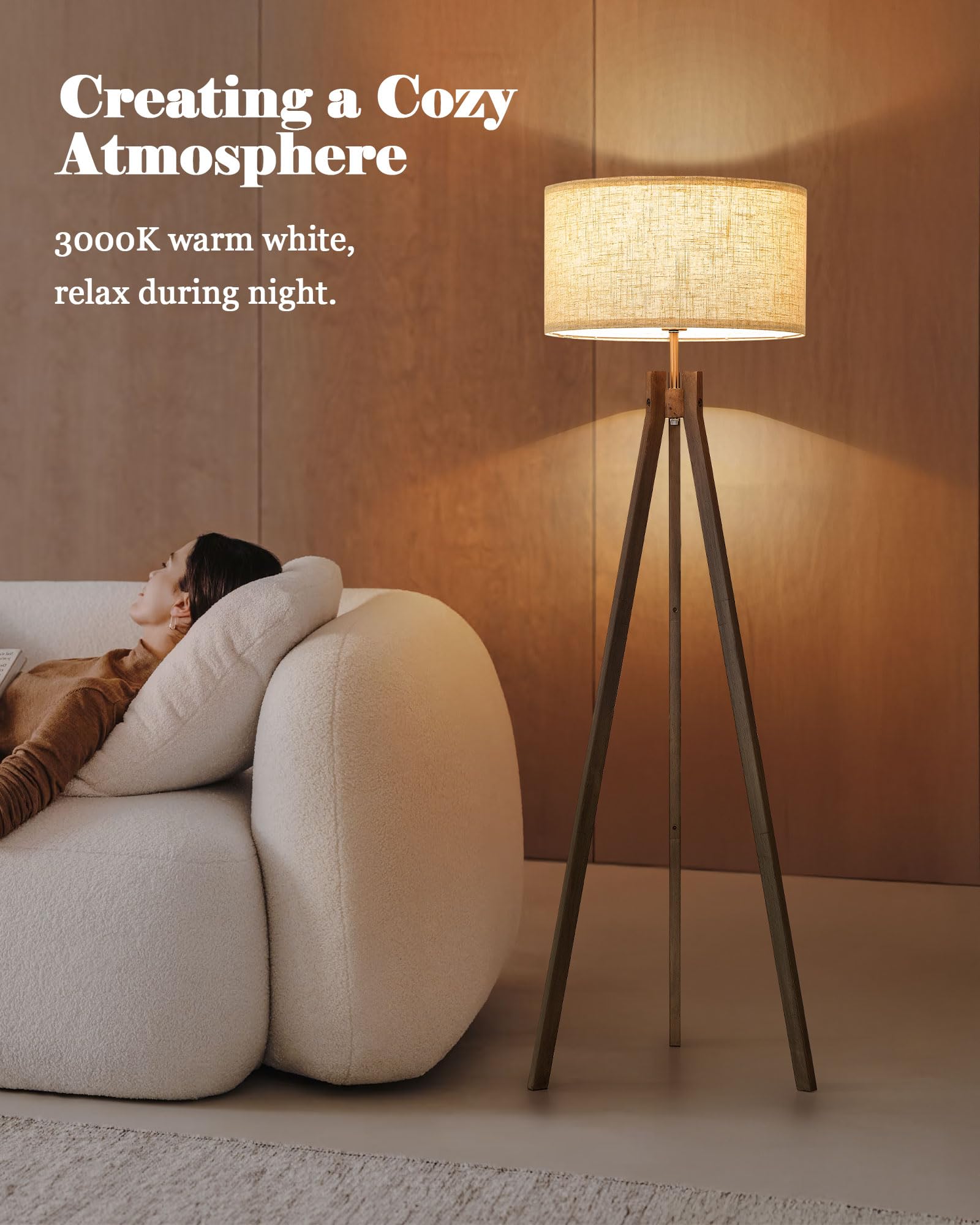 ELYONA Tripod Floor Lamp - Modern Reading Light with 3 Color Temperatures, Grey Linen Shade, Model UF1103-GRY for Living Room, Bedroom, Office