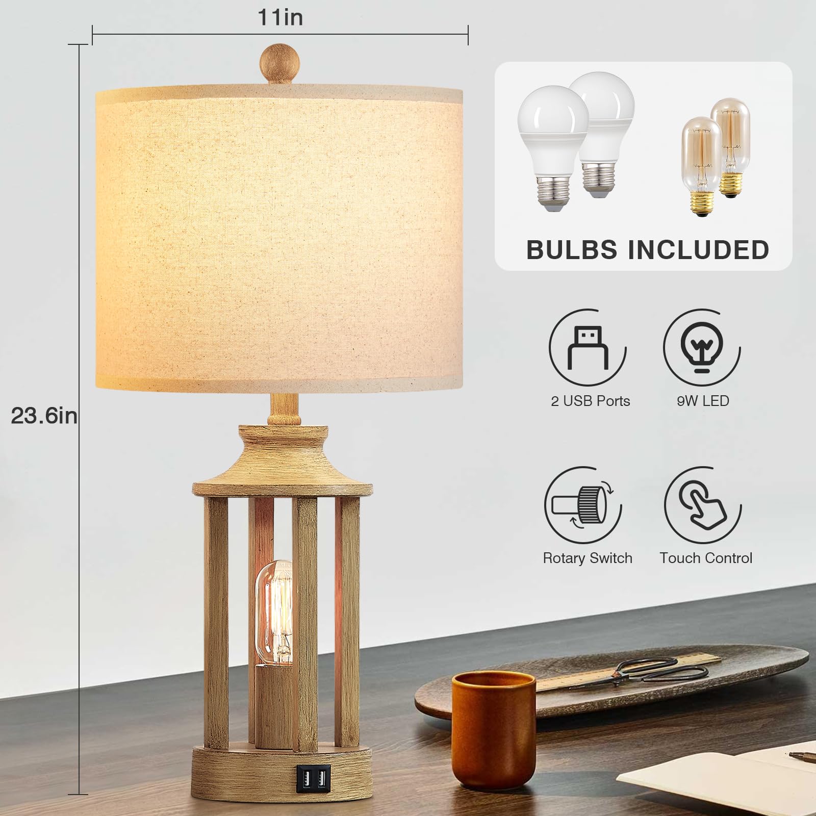 Ruzectt Touch Control Table Lamp Set of 2, 3-Way Dimmable, USB Ports, Rustic Design, Large, Wood, Model TD-RZ-148