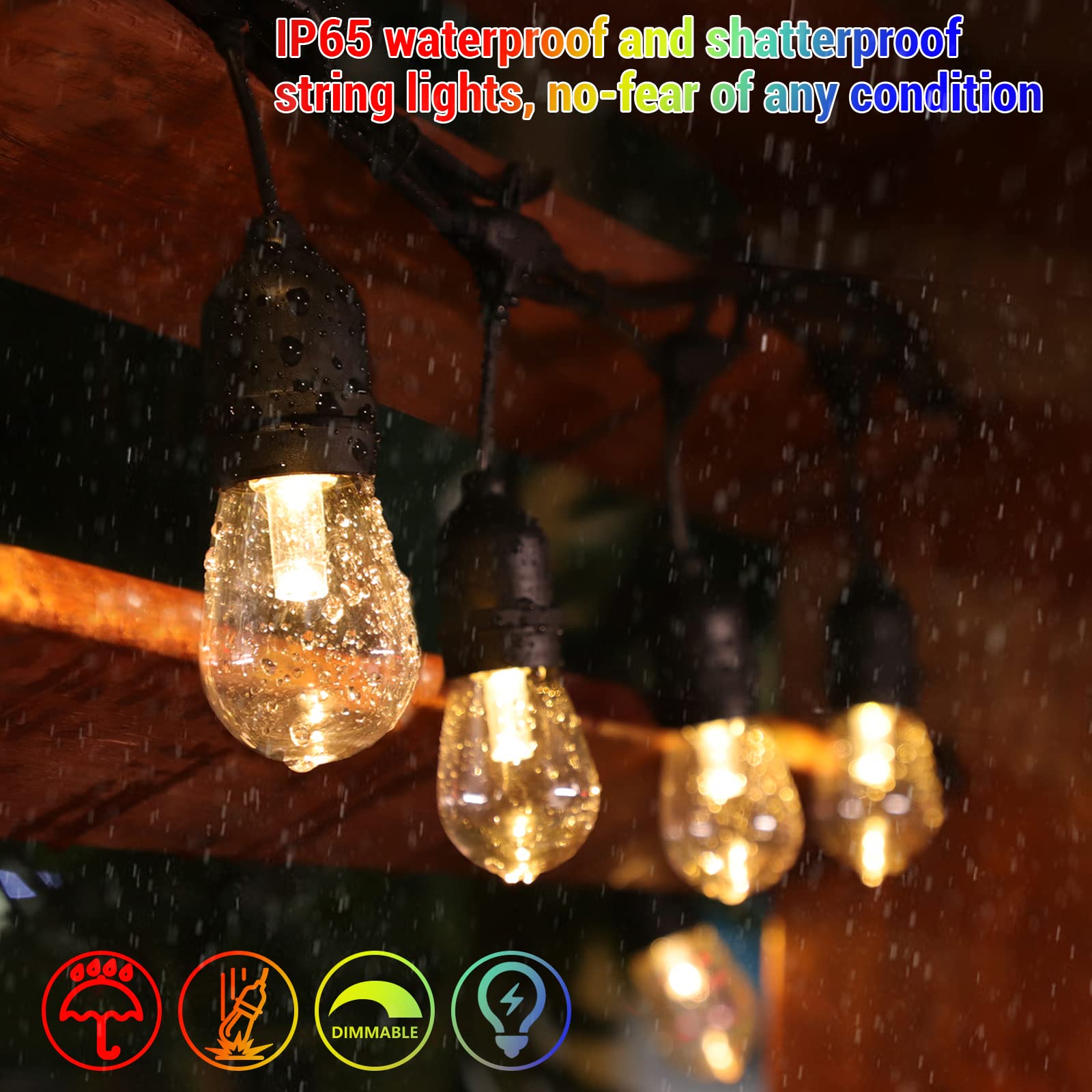 WENFENG 2-Pack 48FT Solar RGB LED String Lights, Dimmable, Shatterproof Bulbs, Multicolor, Ideal for Patio, Yard, Party