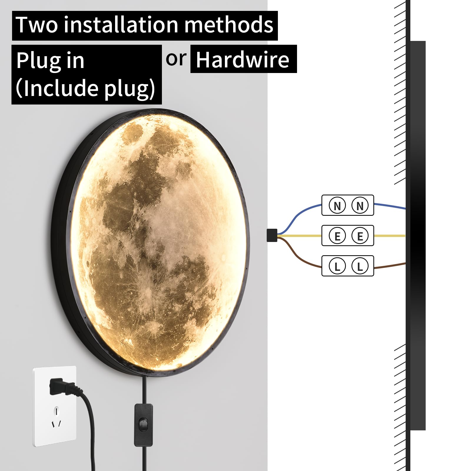 Skylumate Dimmable LED Moon Wall Sconce 31.5" Black Metal Lamp with Remote Control, Model 8002, Indoor Lighting for Living Room/Bedroom