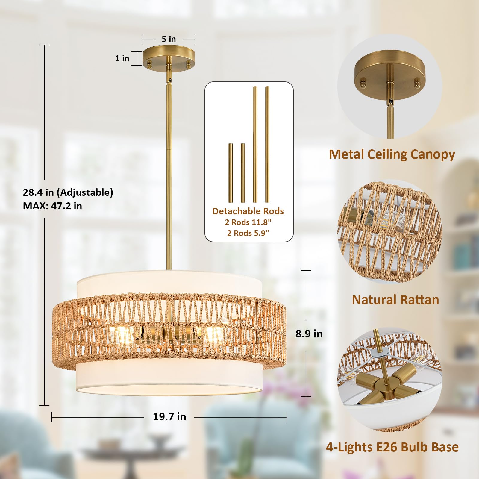 Outiron 19.7'' Boho Rattan Chandelier, 4-Light Large Rattan Pendant Light With Fabric Shade, Boho Drum Ceiling Hanging Light Fix