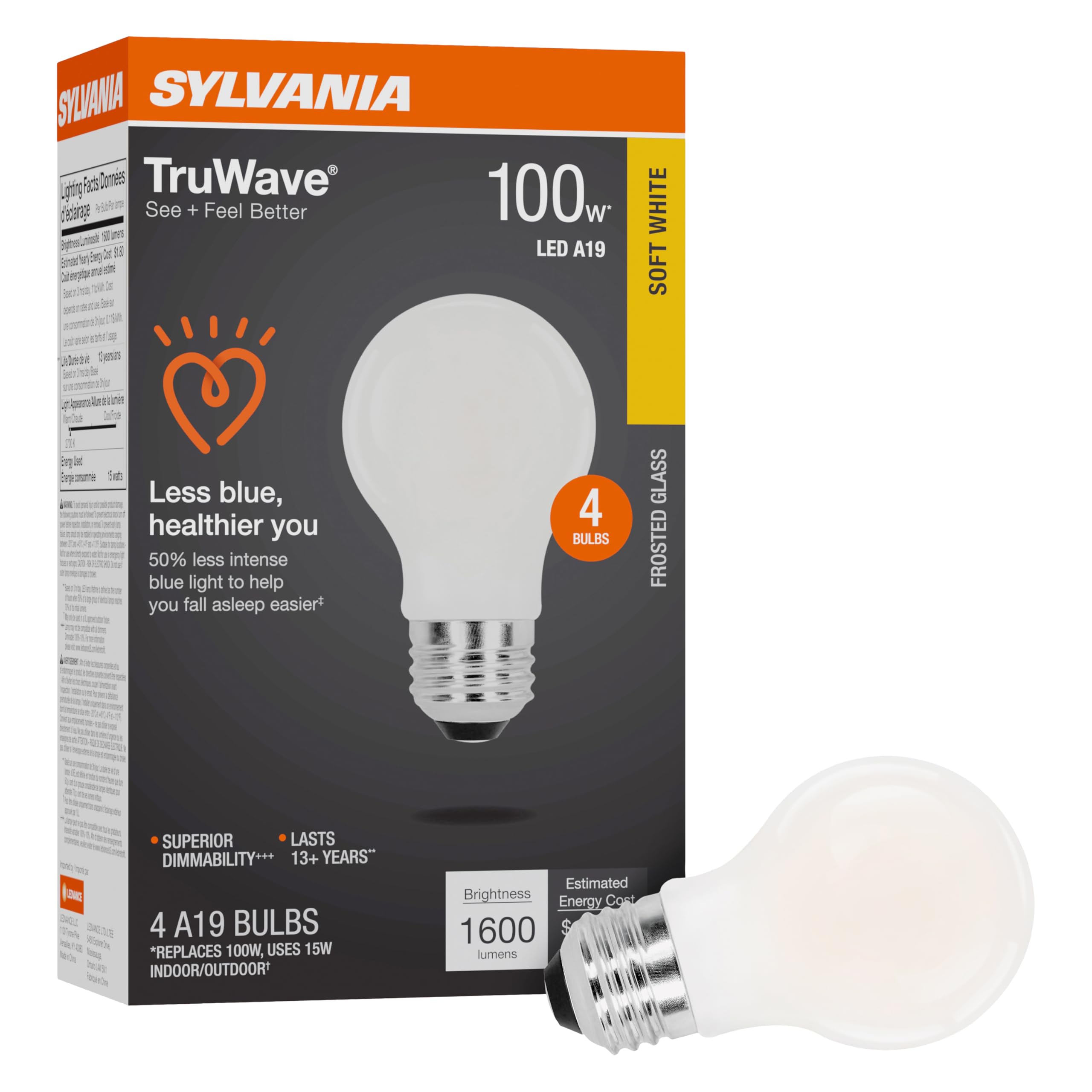 Sylvania LED TruWave A19 Light Bulb 100W Equivalent 15W Dimmable Soft White 1600 Lumens 4 Pack Model 42278