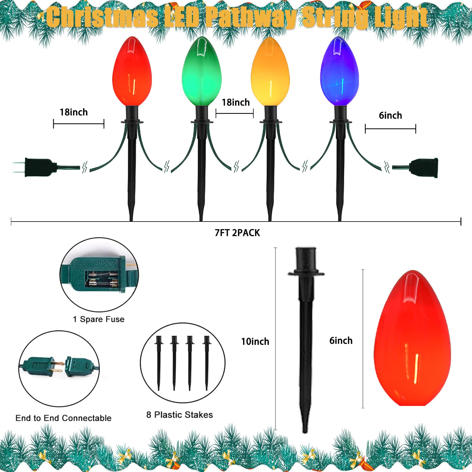 Egcol Jumbo C9 Christmas Pathway Lights Outdoor, 2 Pack 7Ft C9 Christmas Walkway Lights With 4 Led Jumbo Multicolor Bulbs, Chris