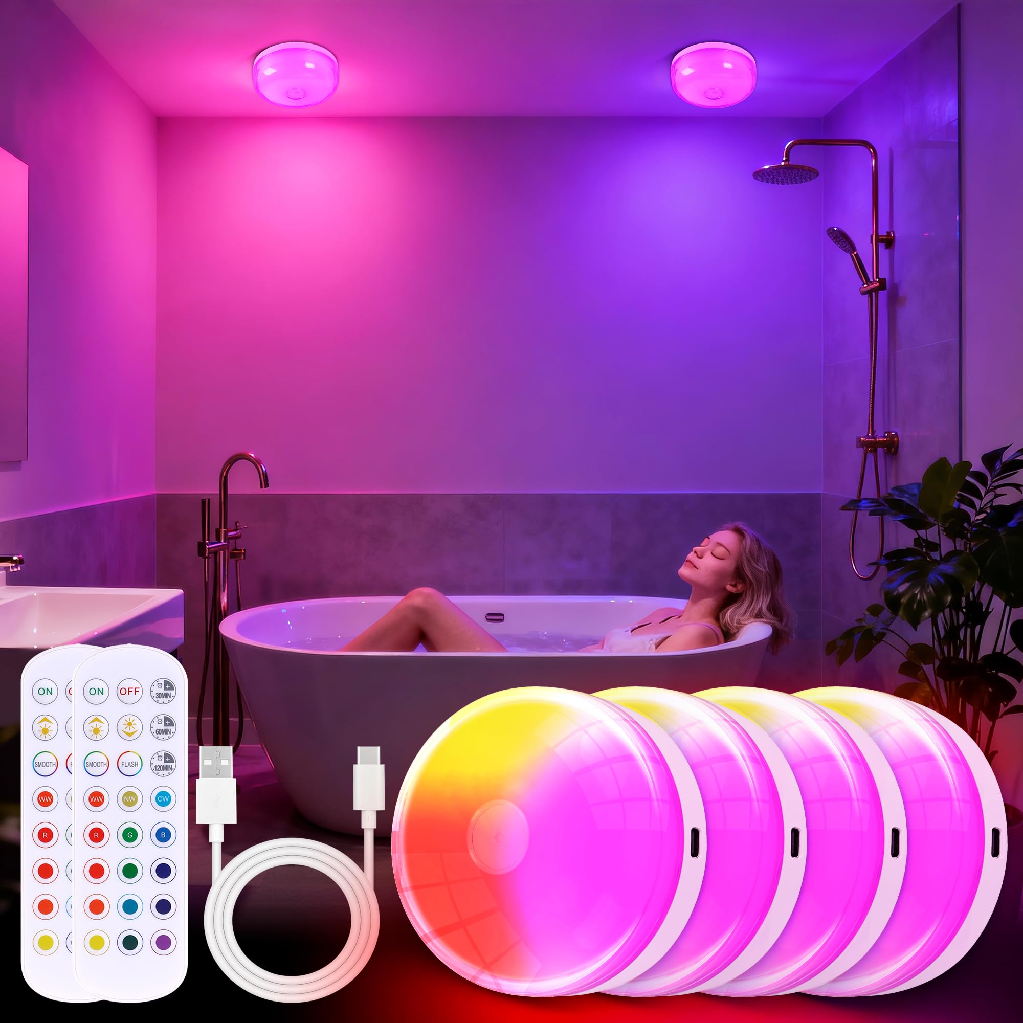 4-Pack Rechargeable Shower Light No Wiring  15 RGBW Color Changeable Waterproof Lights for Shower with Remote(Dimmable&Timer)  LED Light for Inside Shower  Wireless Mood Lighting for Bathroom  White