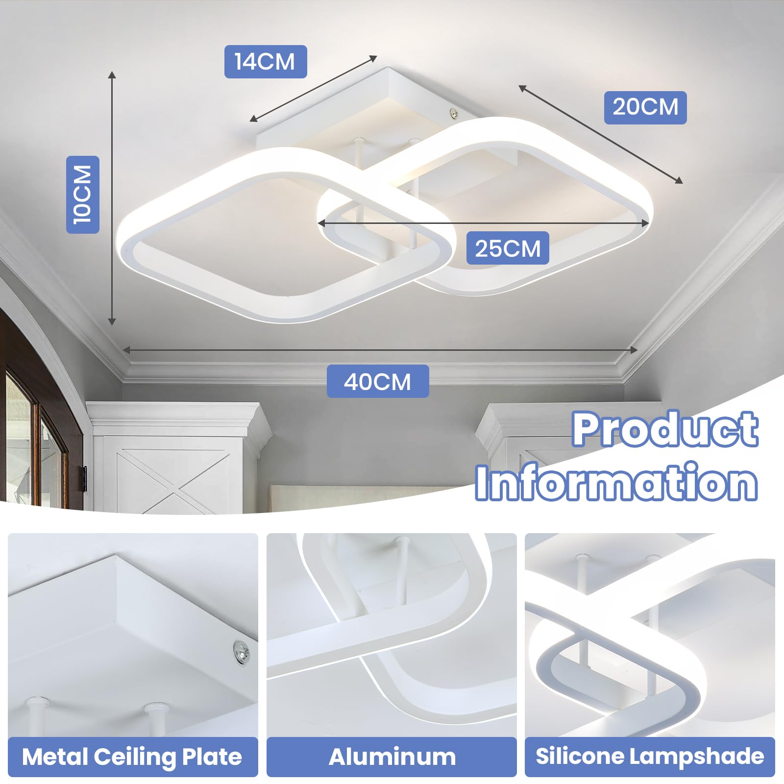 Caneoe Led Ceiling Light Fixture 4500K Modern Hallway Light Fixtures Ceiling Lighting White Square Close To Ceiling Lights For Bathroom Bedroom Kitchen Balcony Stair Small Ceiling Lamp (White  4500K)